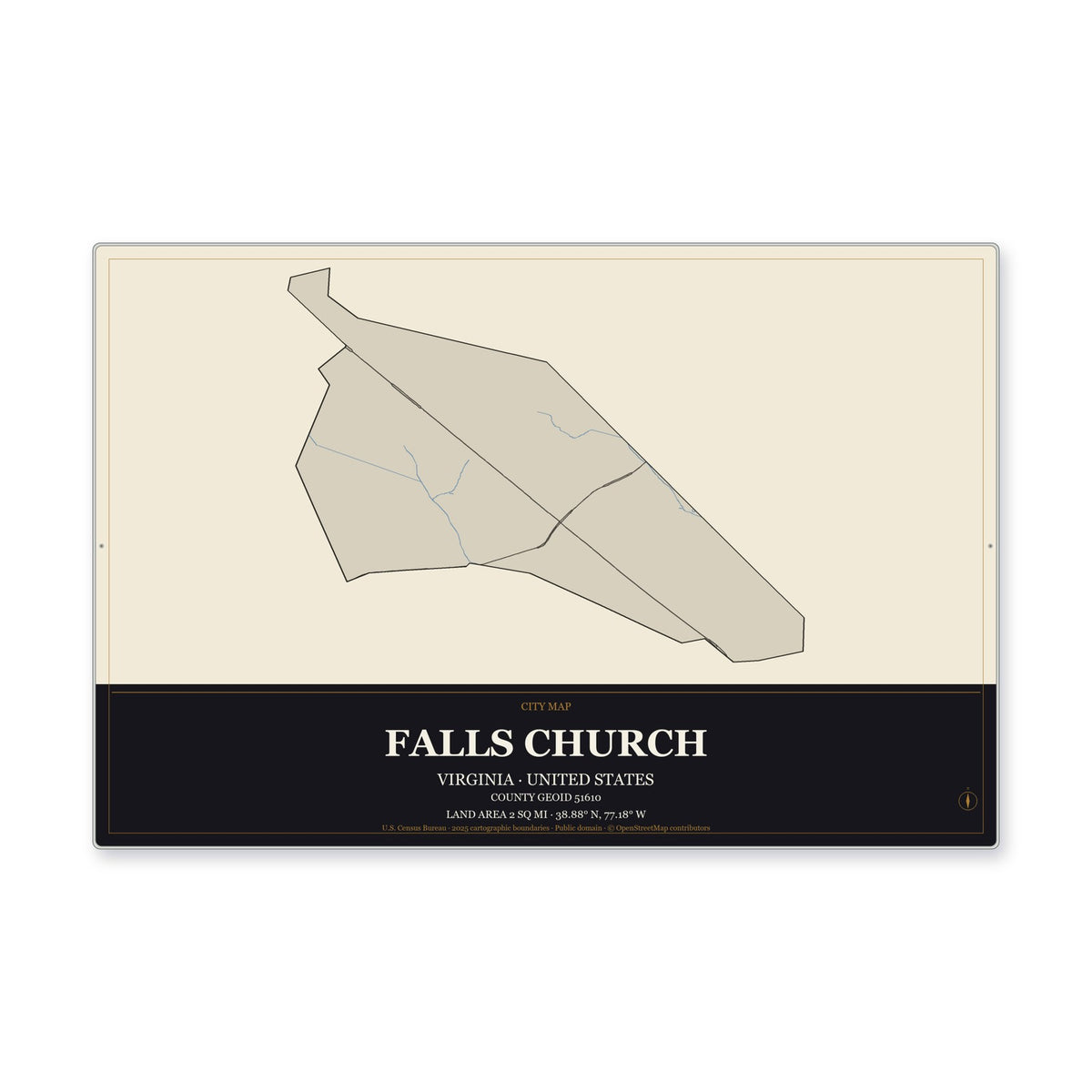 Falls Church city, Virginia Map Aluminum Sign in Museum Plaque style