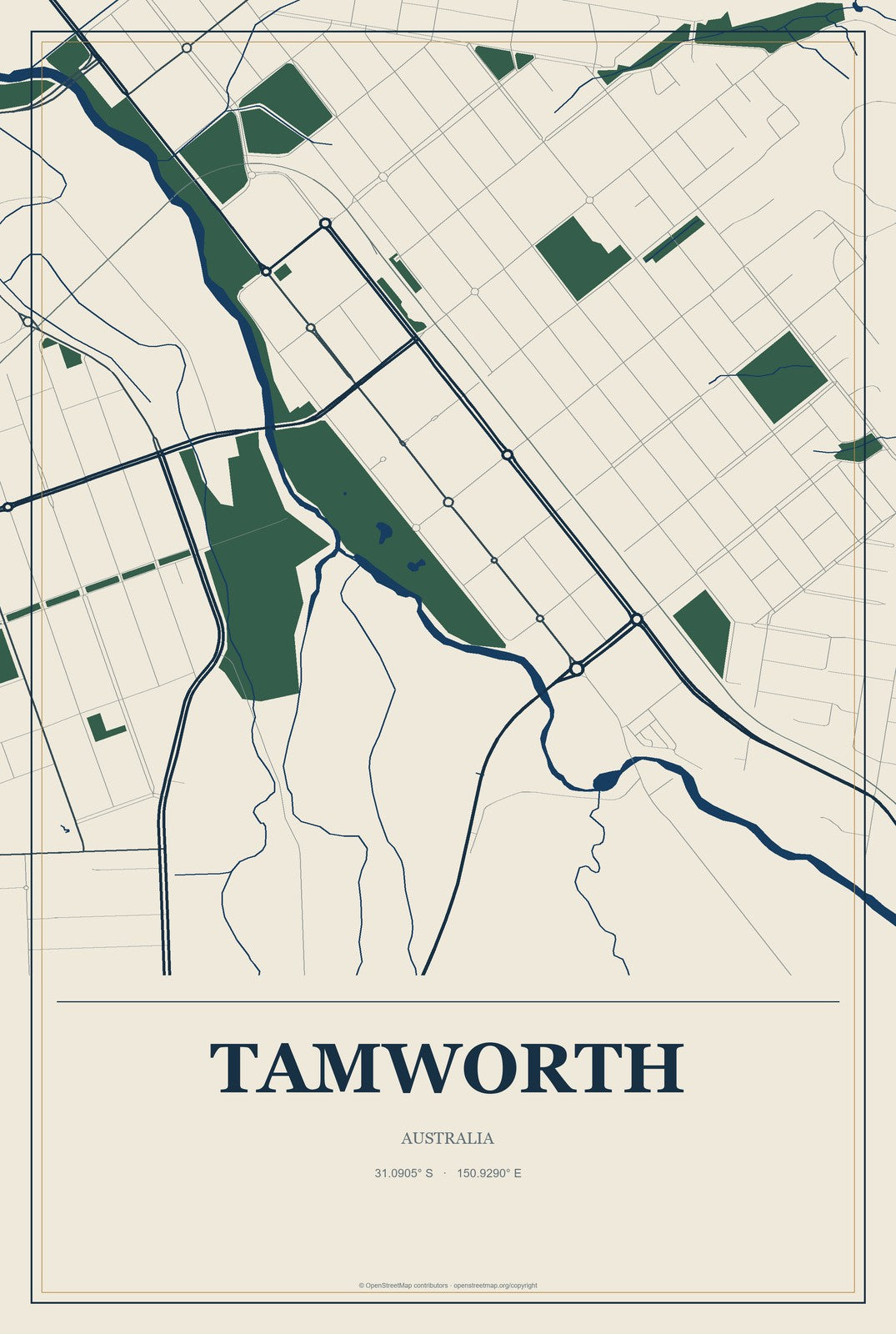 Tamworth, Australia City Map Aluminum Sign in Coastal Cutout style