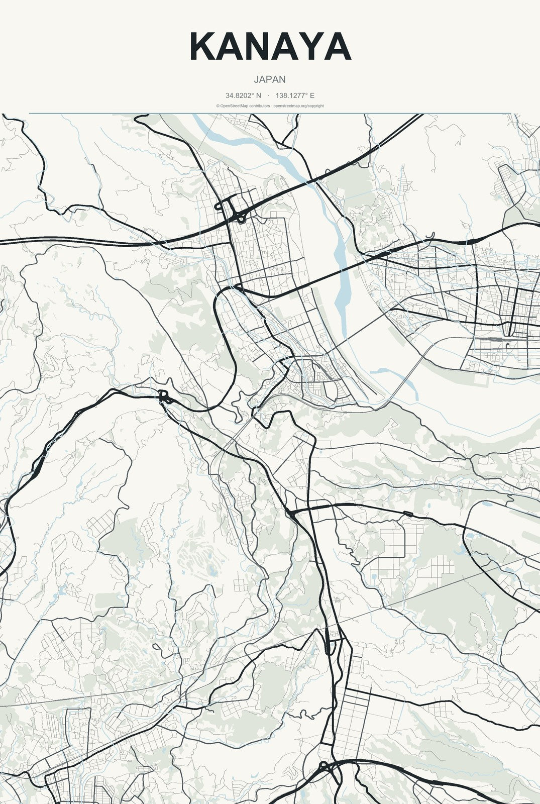 Kanaya, Japan City Map Aluminum Sign in Headline Atlas style