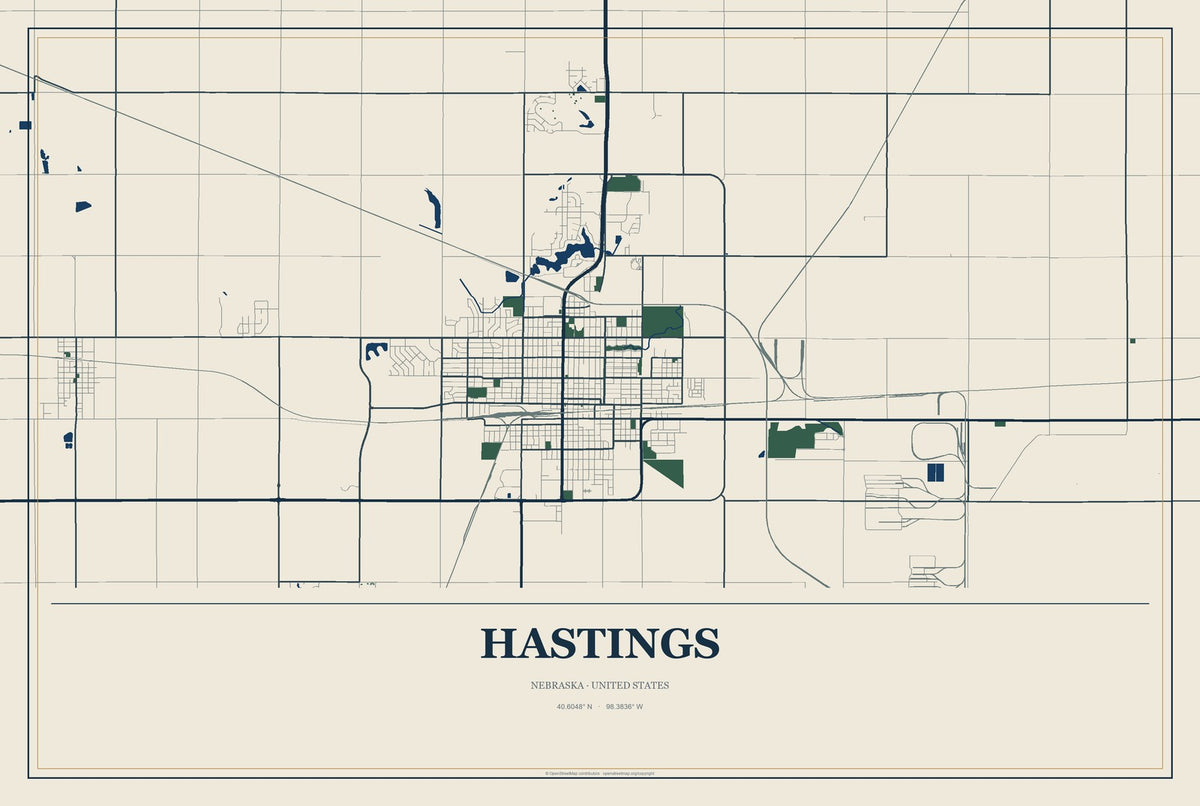 Hastings, Nebraska City Map Aluminum Sign in Coastal Cutout style