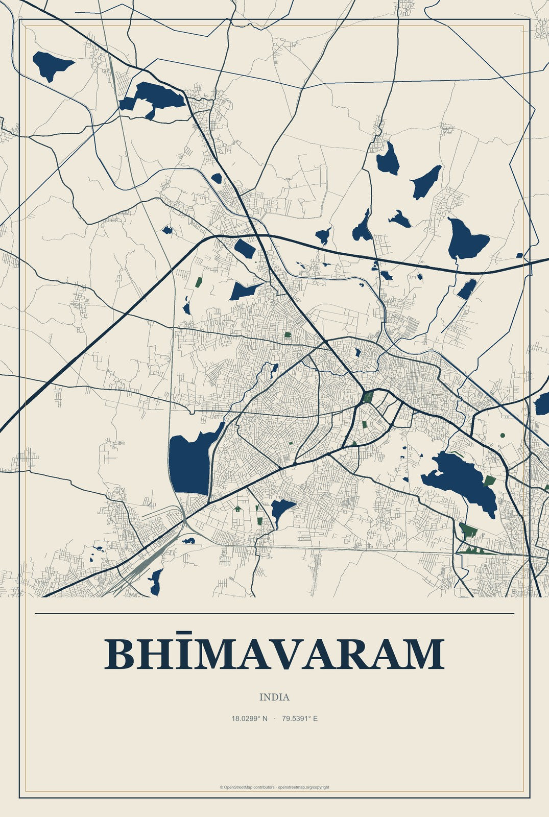 Bhīmavaram, India City Map Aluminum Sign in Coastal Cutout style