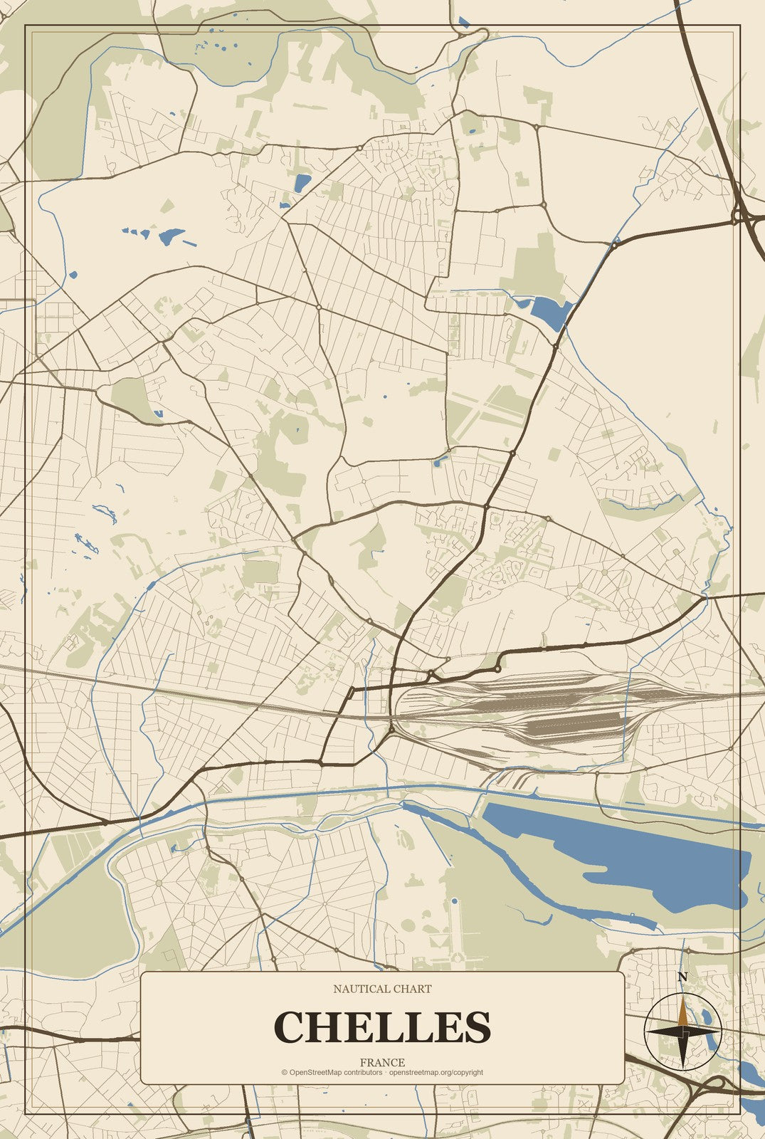 Chelles, France City Map Aluminum Sign in Heritage Nautical style