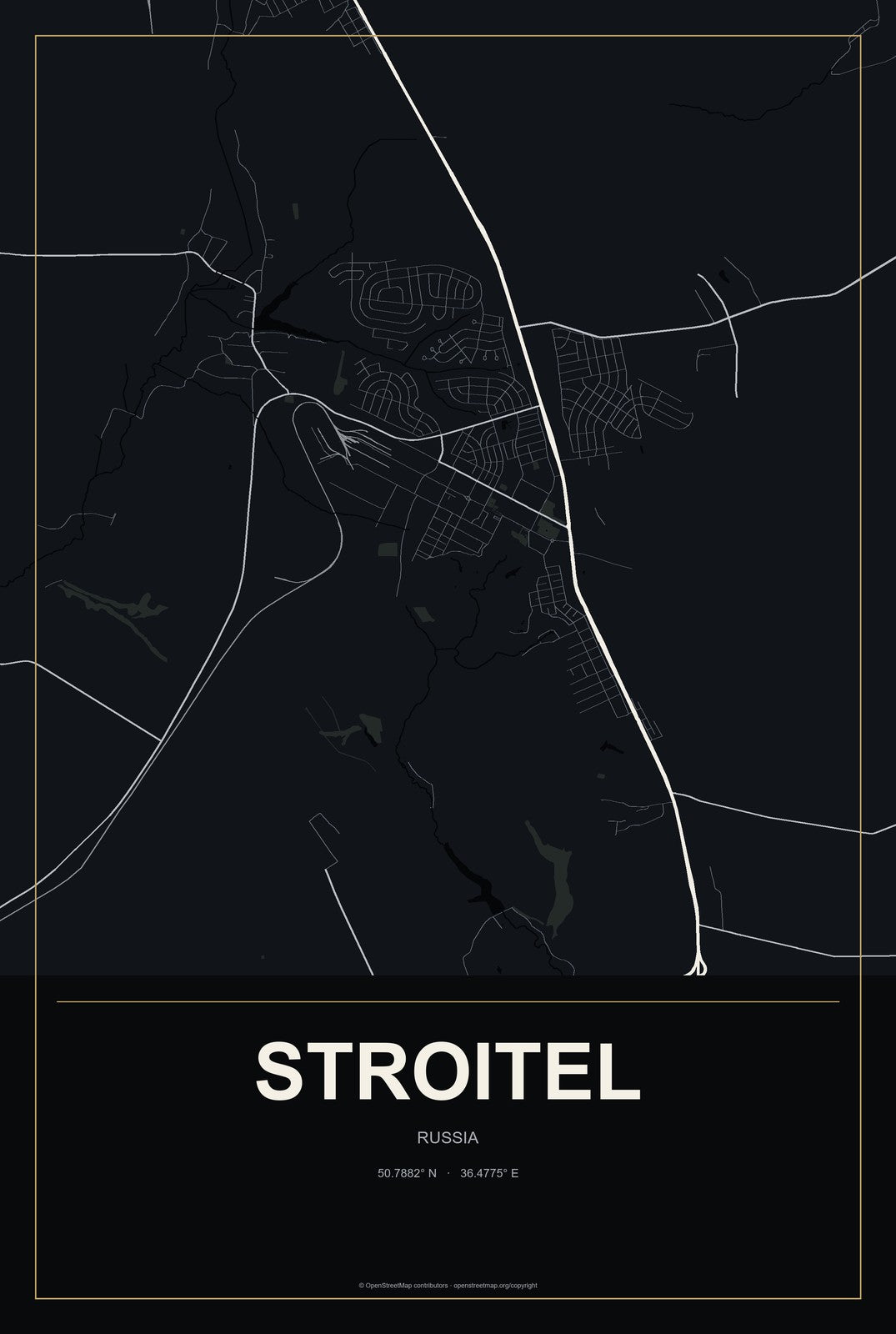 Stroitel, Russia City Map Aluminum Sign in Metropolitan Noir style