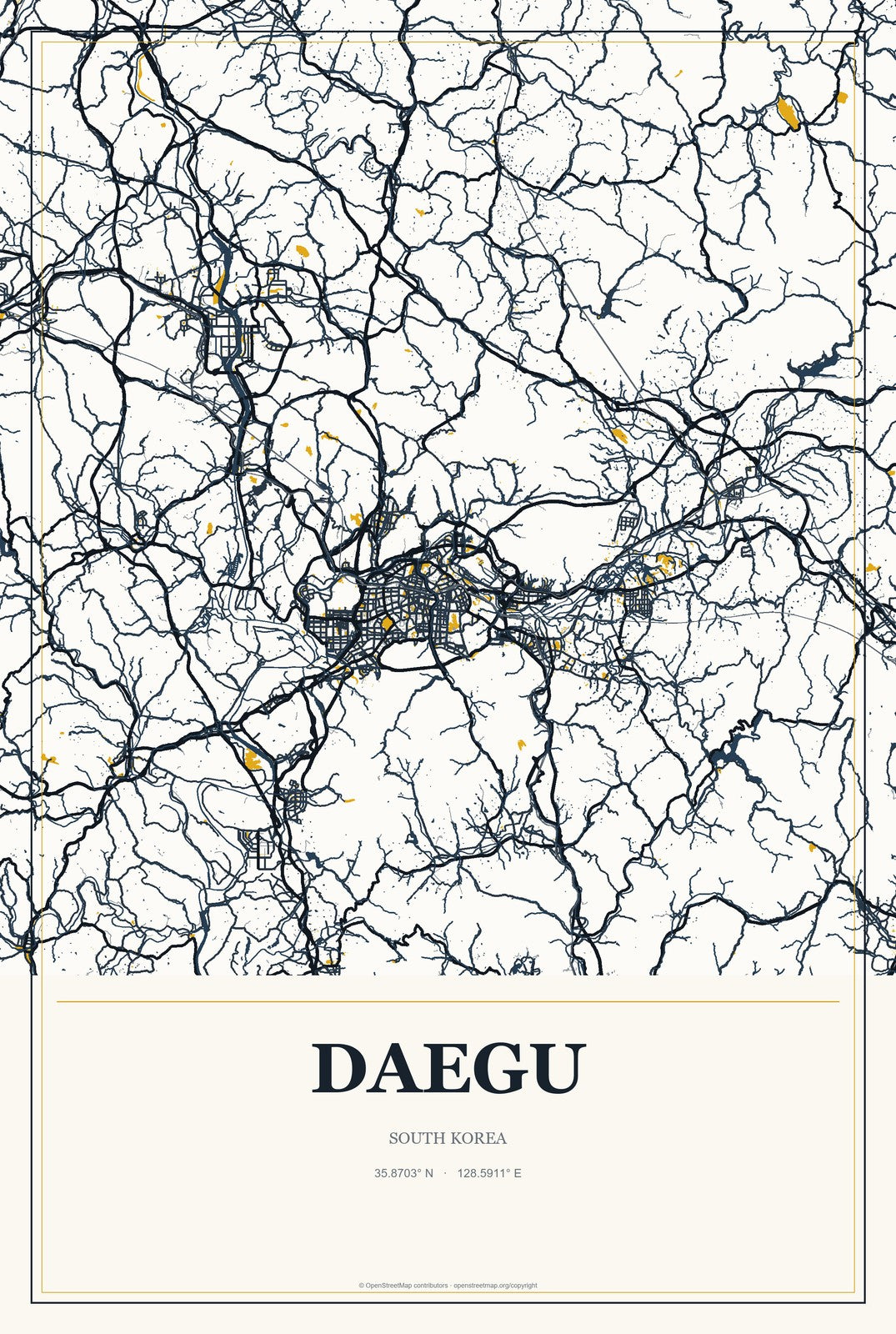 Daegu, South Korea City Map Aluminum Sign in Citrine Modern style