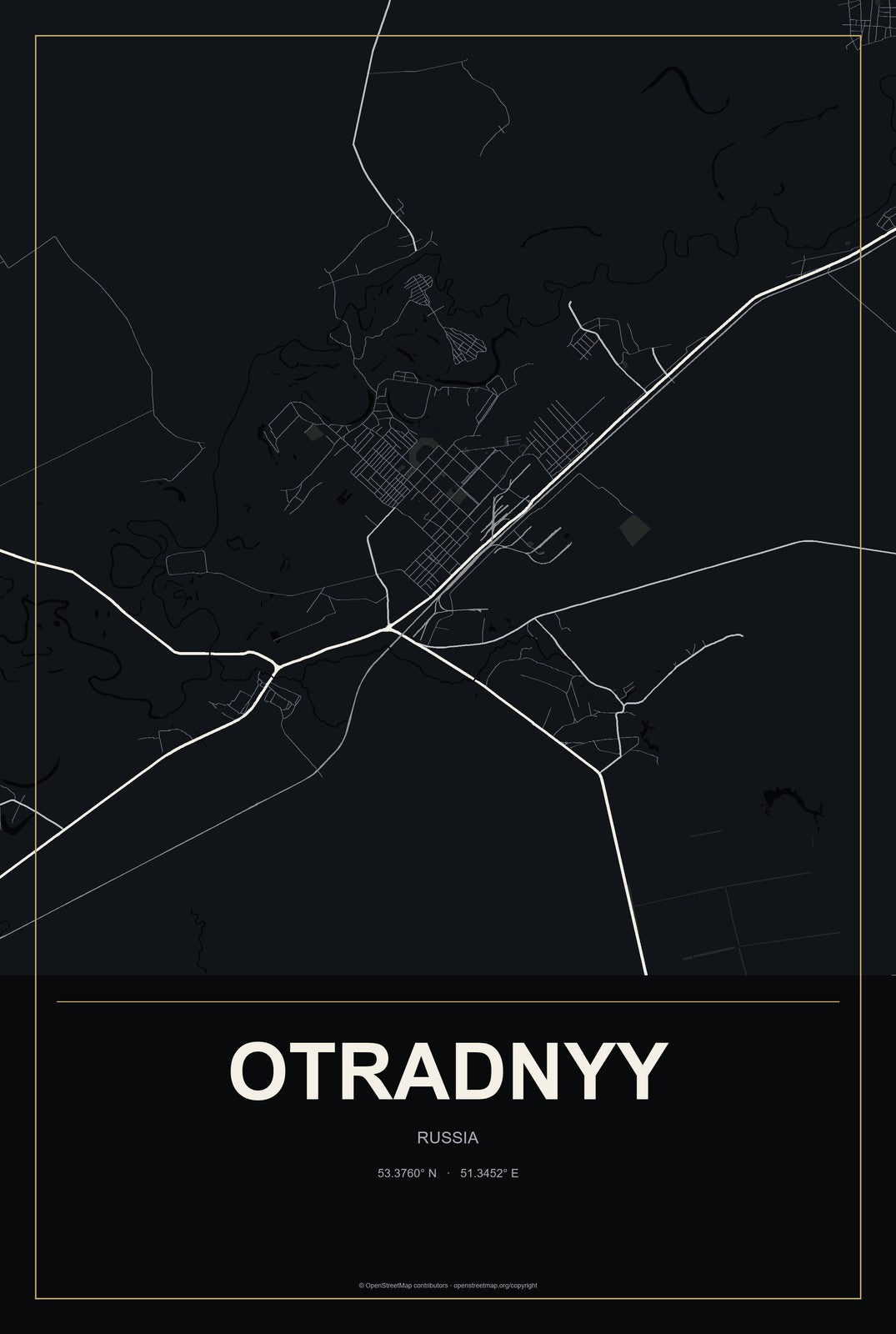 Otradnyy, Russia City Map Aluminum Sign in Metropolitan Noir style