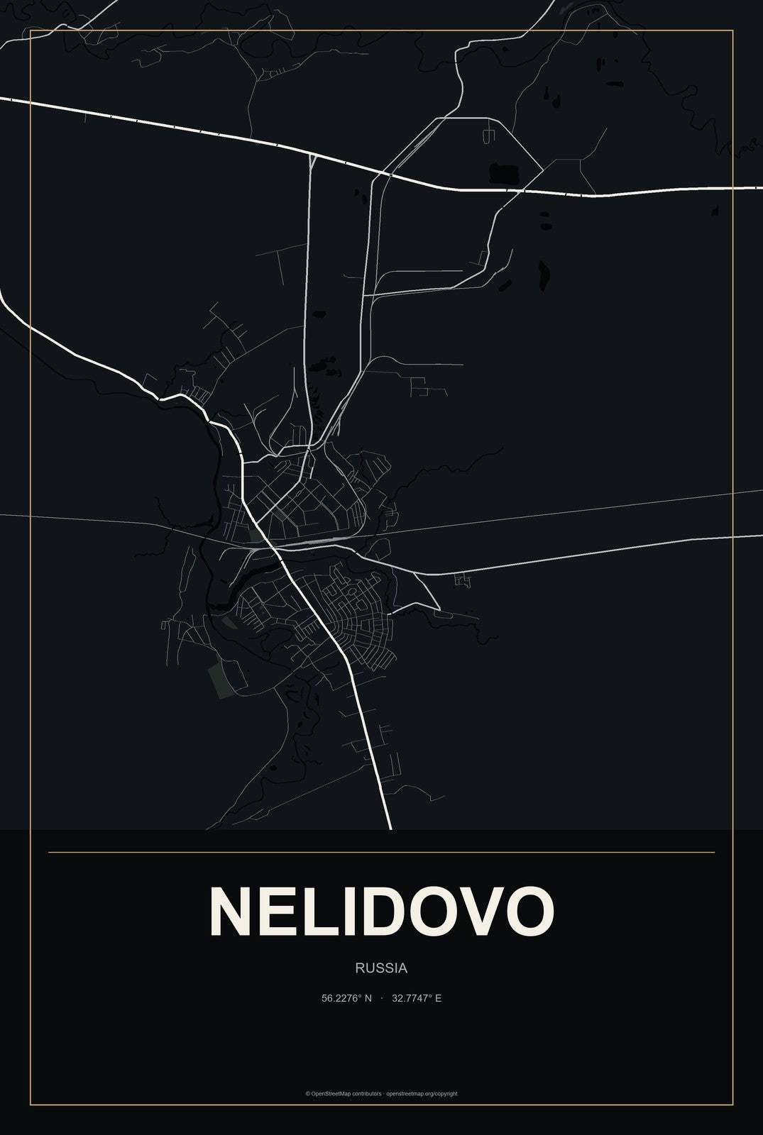 Nelidovo, Russia City Map Aluminum Sign in Metropolitan Noir style