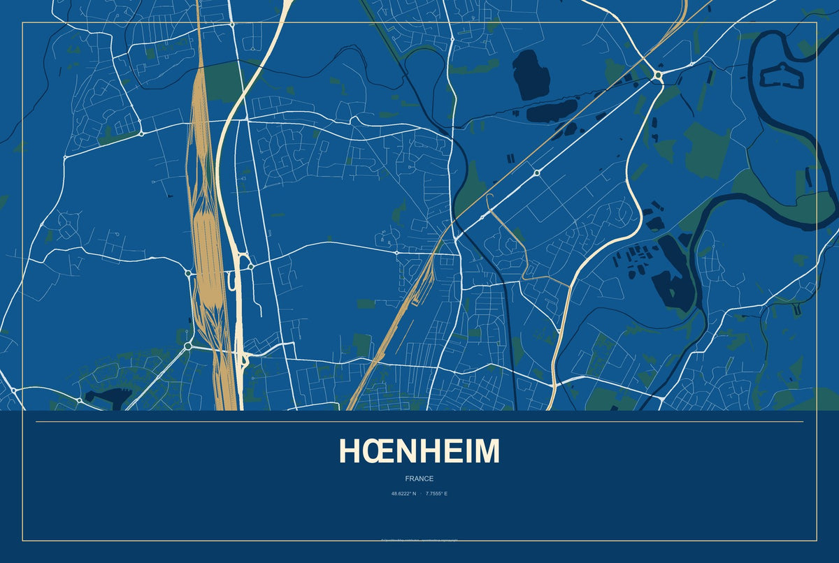 Hœnheim, France City Map Aluminum Sign in Harbor Cobalt style