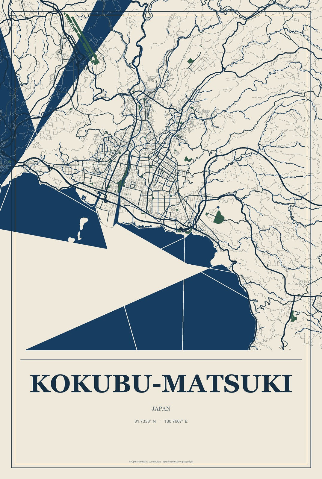 Kokubu-matsuki, Japan City Map Aluminum Sign in Coastal Cutout style