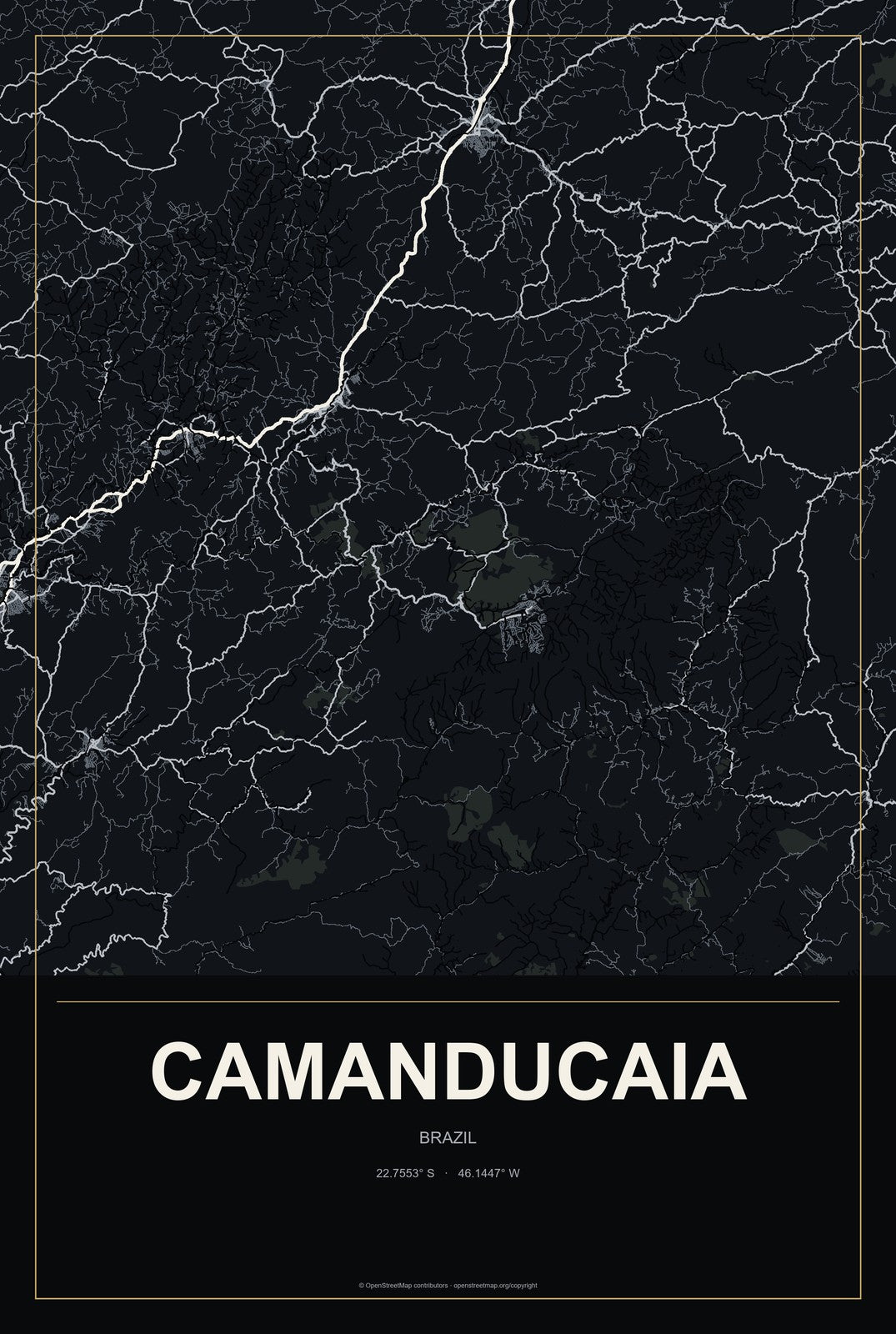 Camanducaia, Brazil City Map Aluminum Sign in Metropolitan Noir style