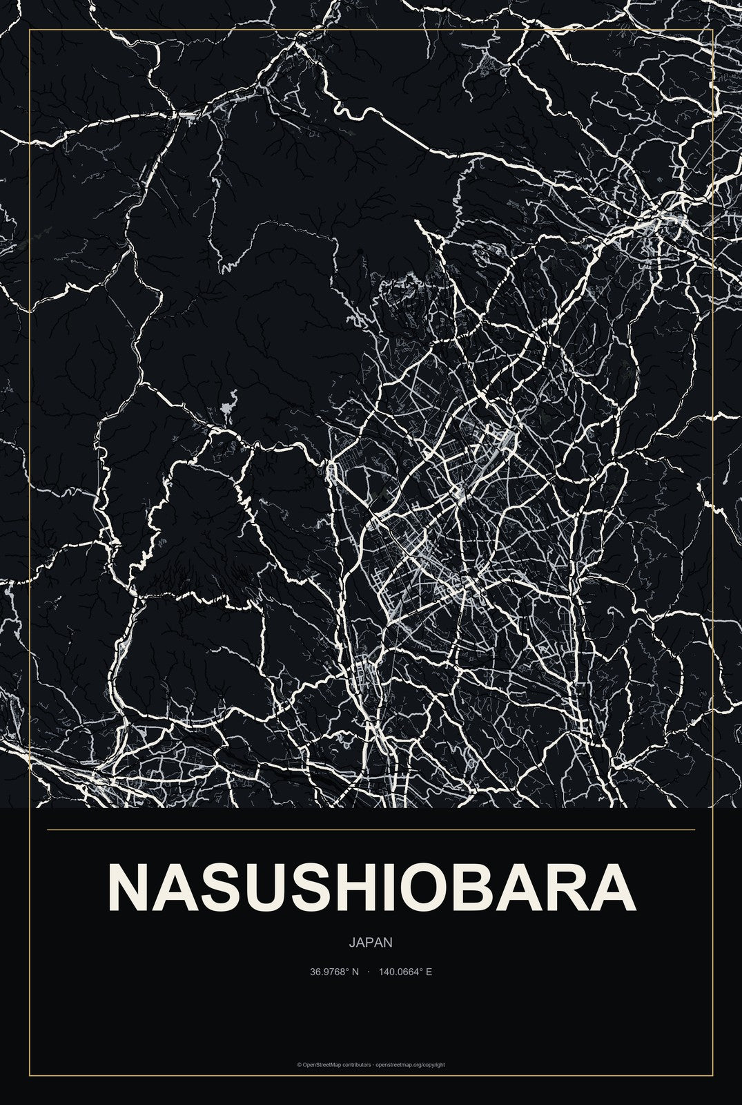 Nasushiobara, Japan City Map Aluminum Sign in Metropolitan Noir style