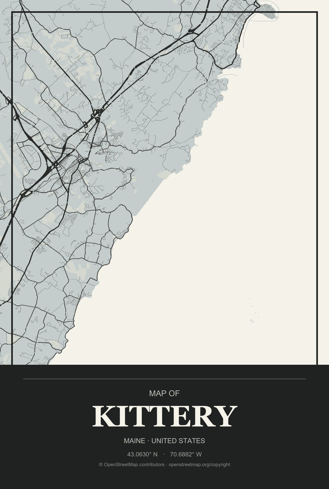 Kittery, Maine City Map Aluminum Sign in Museum Plaque style