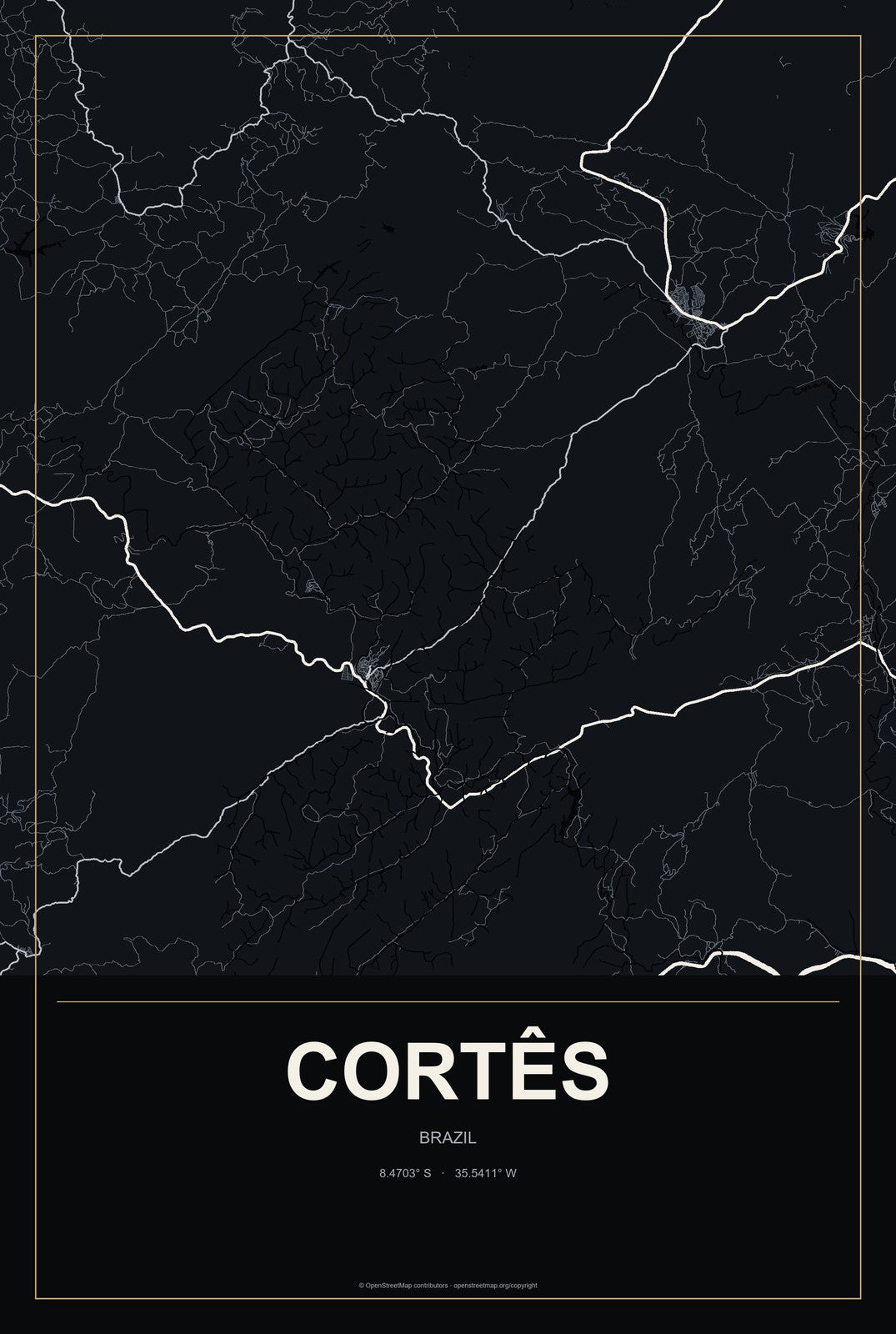 Cortês, Brazil City Map Aluminum Sign in Metropolitan Noir style