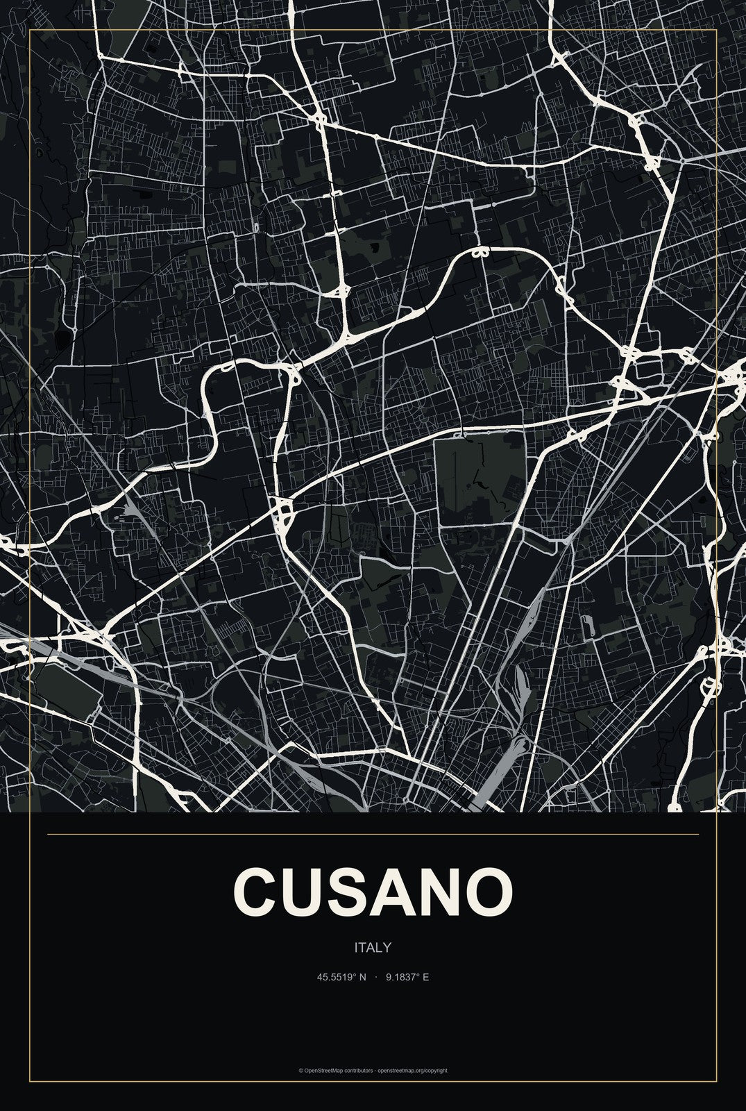 Cusano, Italy City Map Aluminum Sign in Metropolitan Noir style
