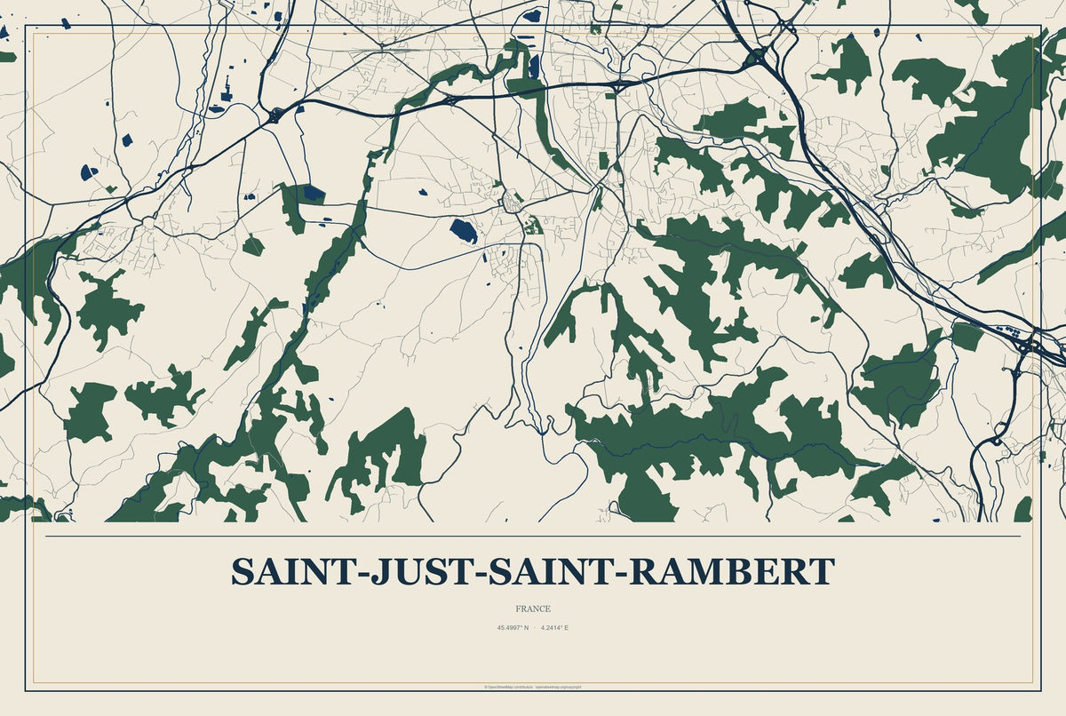 Saint-Just-Saint-Rambert, France City Map Aluminum Sign in Coastal Cutout style