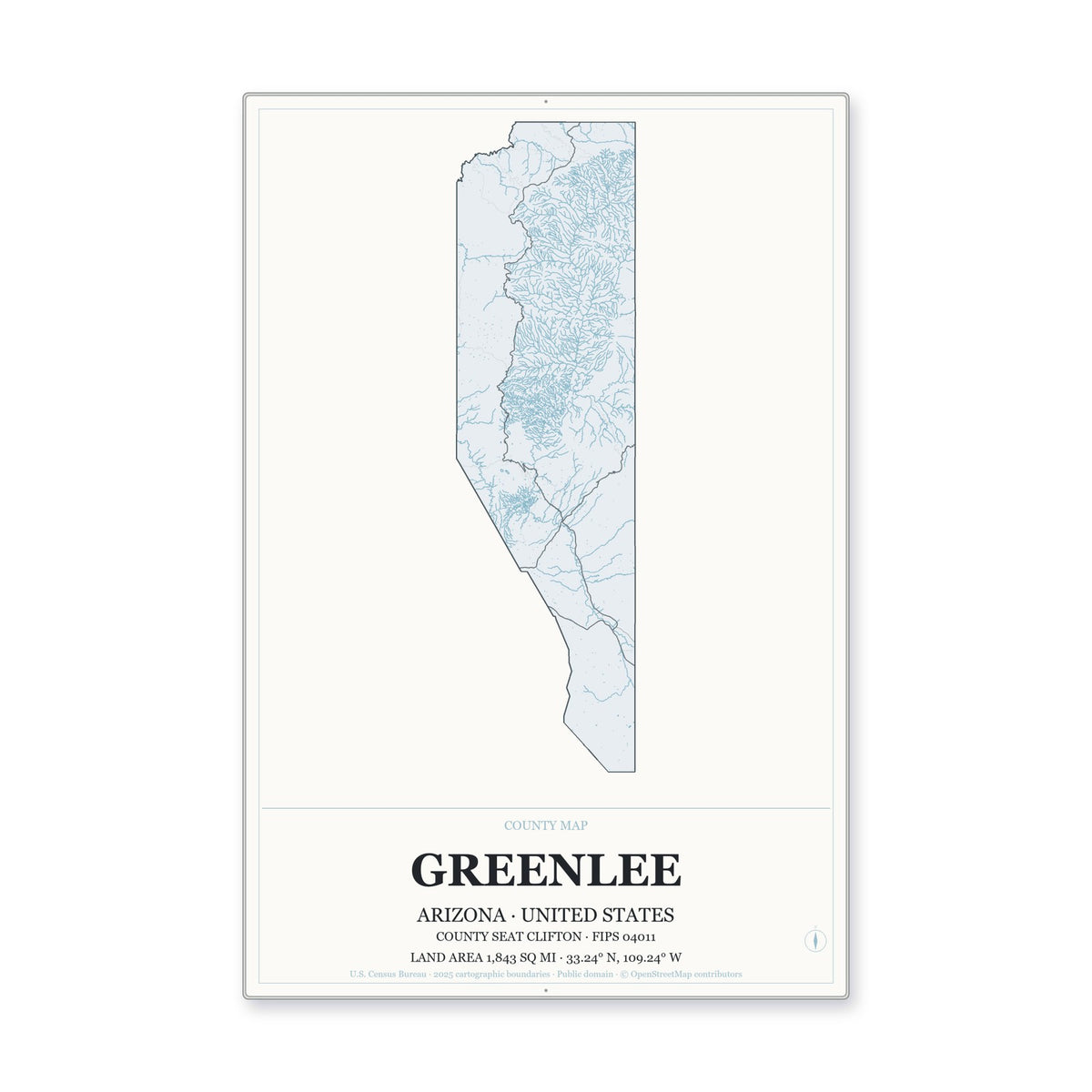 Greenlee County, Arizona Map Aluminum Sign in Gallery Air style