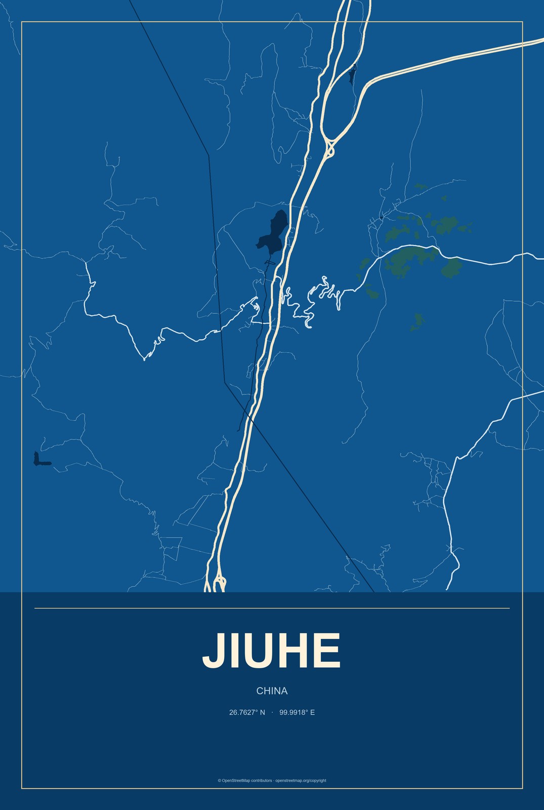 Jiuhe, China City Map Aluminum Sign in Harbor Cobalt style