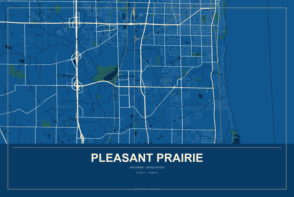Pleasant Prairie, Wisconsin City Map Aluminum Sign in Harbor Cobalt style