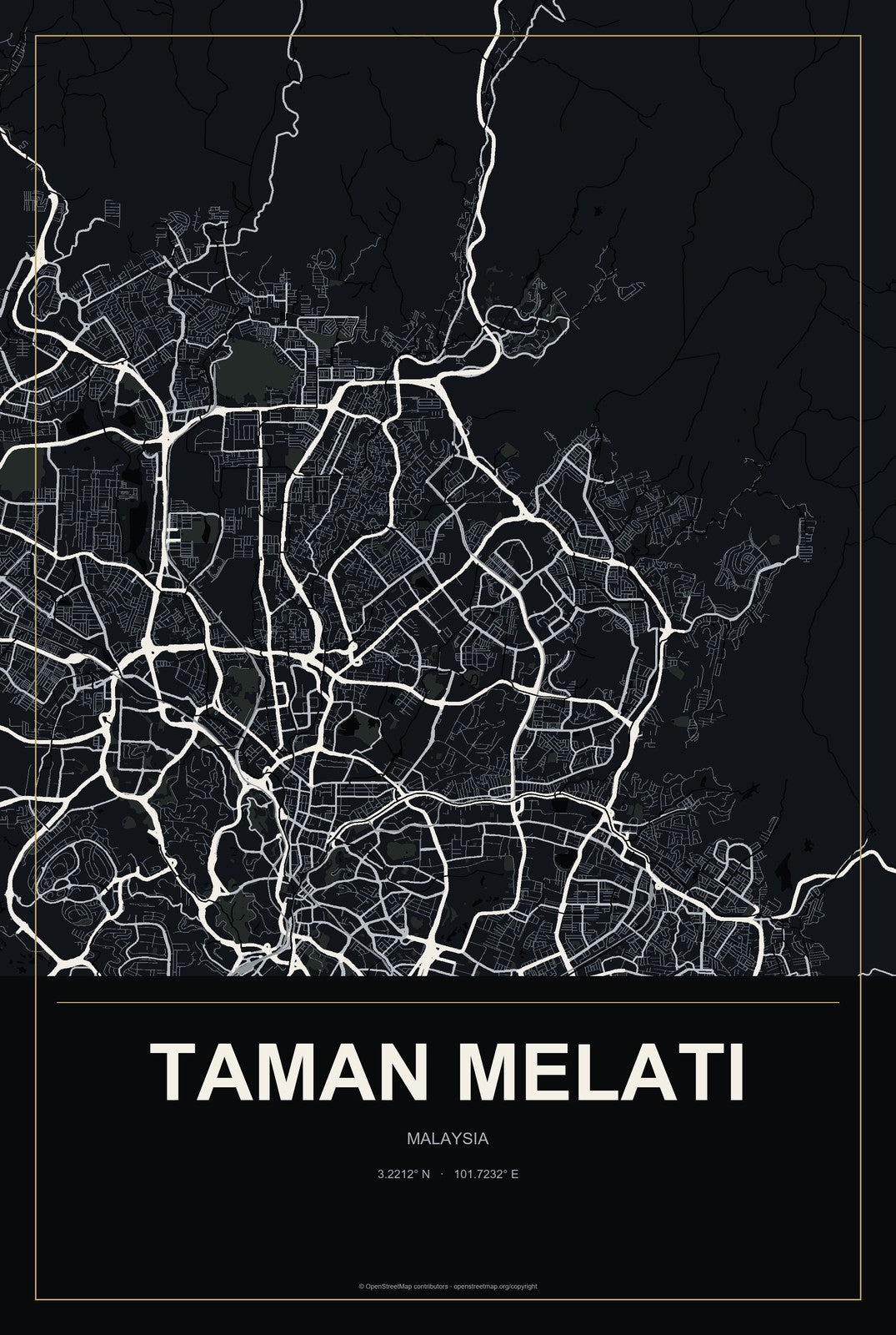 Taman Melati, Malaysia City Map Aluminum Sign in Metropolitan Noir style