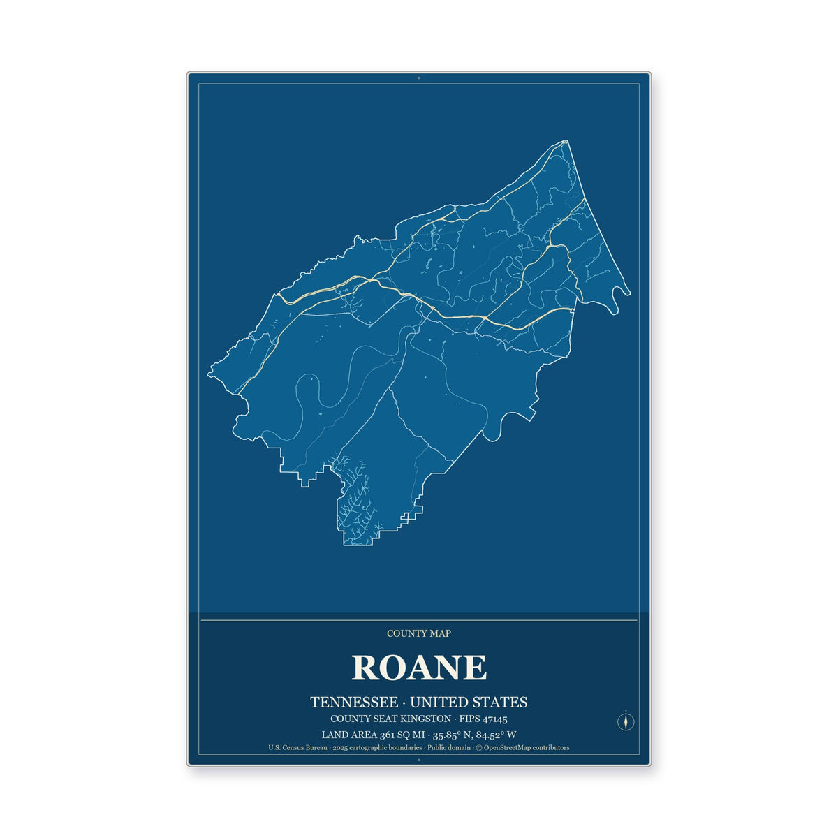 Roane County, Tennessee Map Aluminum Sign in Harbor Cobalt style