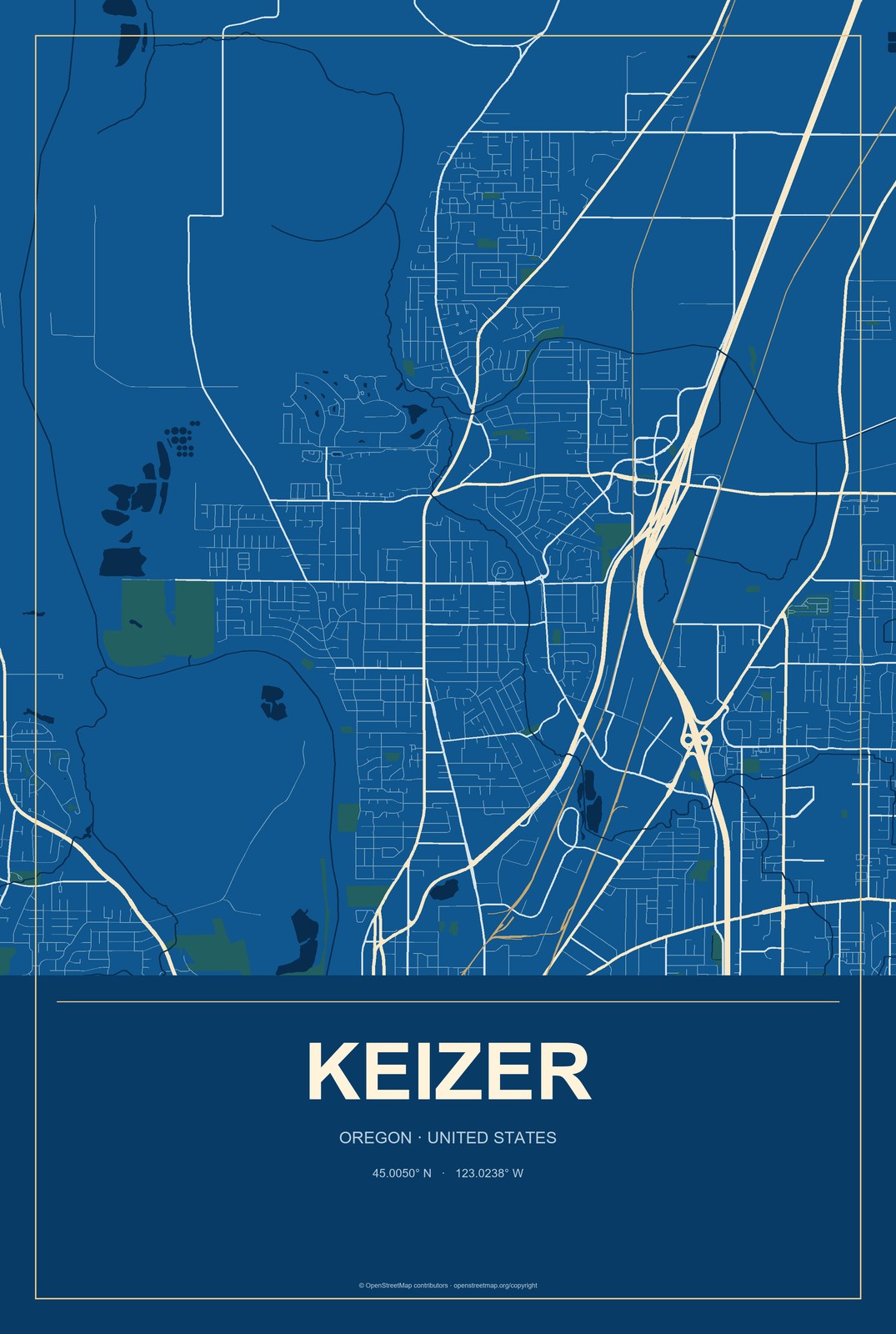 Keizer, Oregon City Map Aluminum Sign in Harbor Cobalt style
