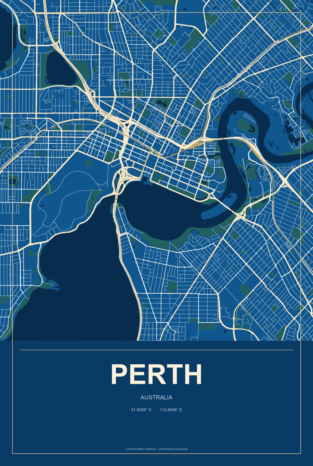 Perth, Australia City Map Aluminum Sign in Harbor Cobalt style
