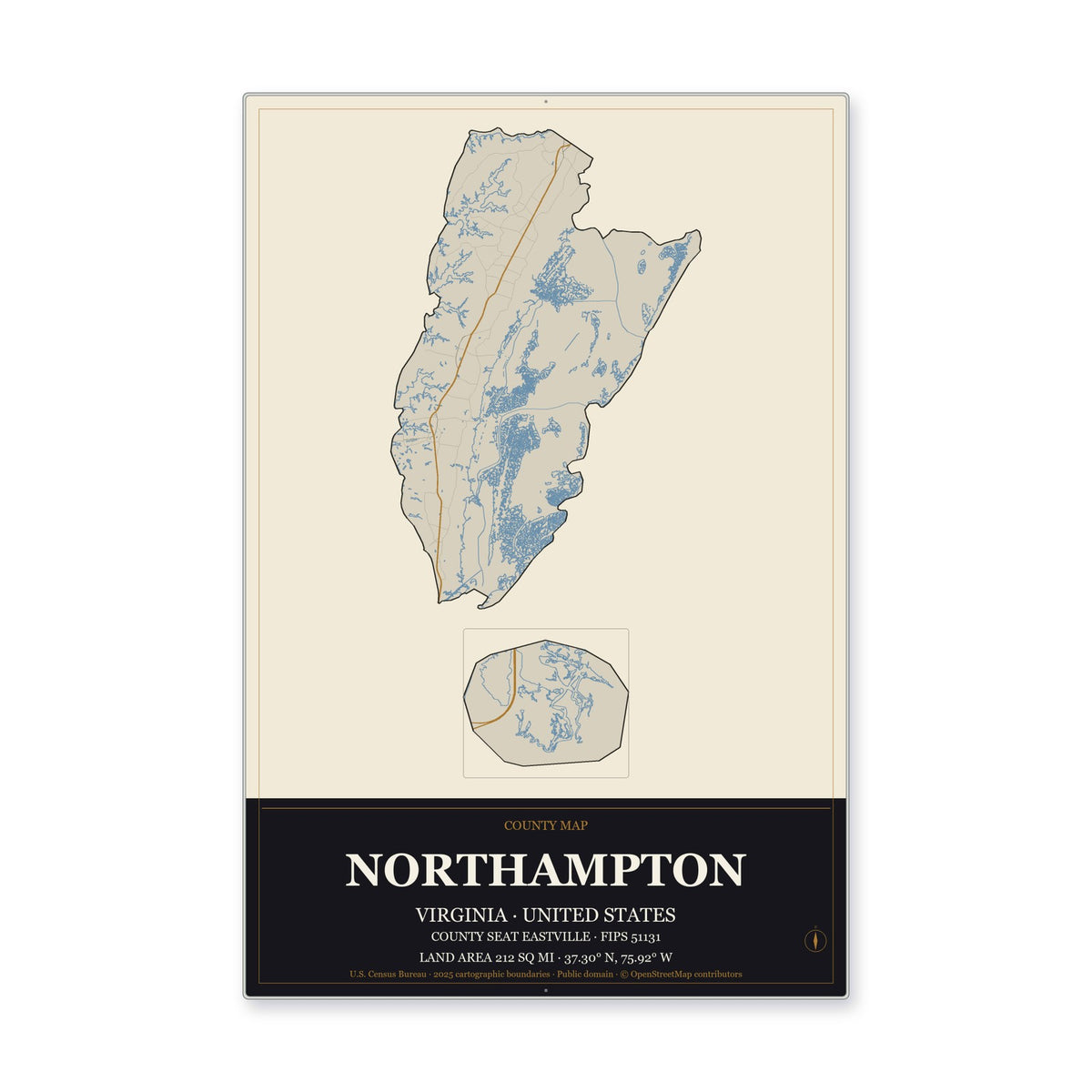 Northampton County, Virginia Map Aluminum Sign in Museum Plaque style