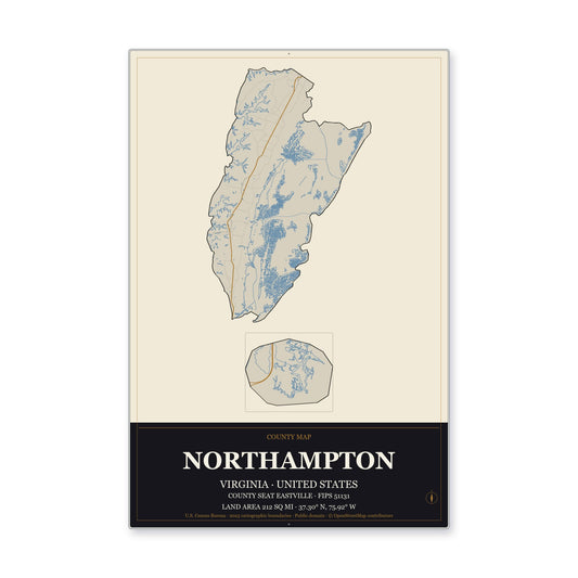 Northampton County, Virginia Map Aluminum Sign in Museum Plaque style