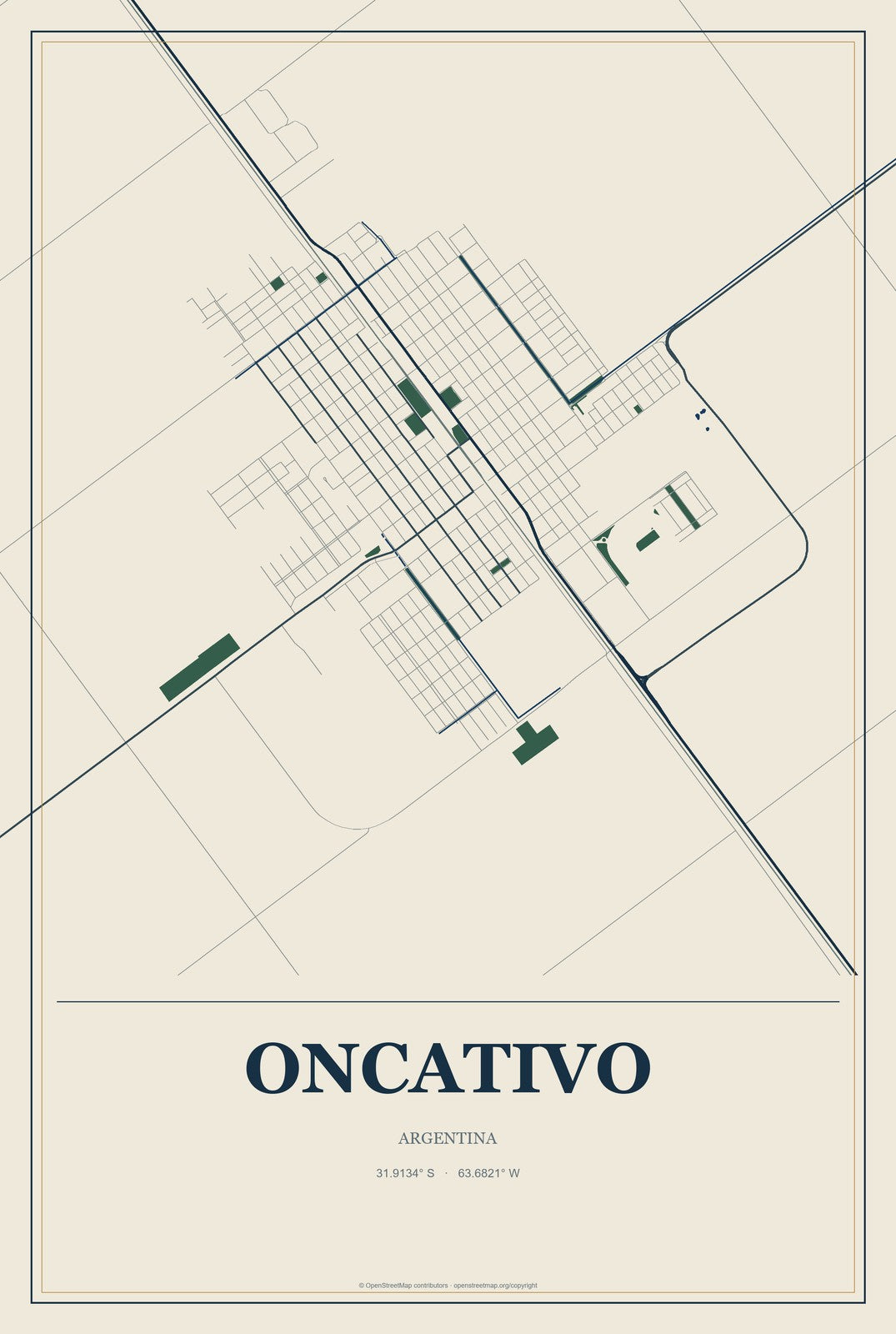 Oncativo, Argentina City Map Aluminum Sign in Coastal Cutout style