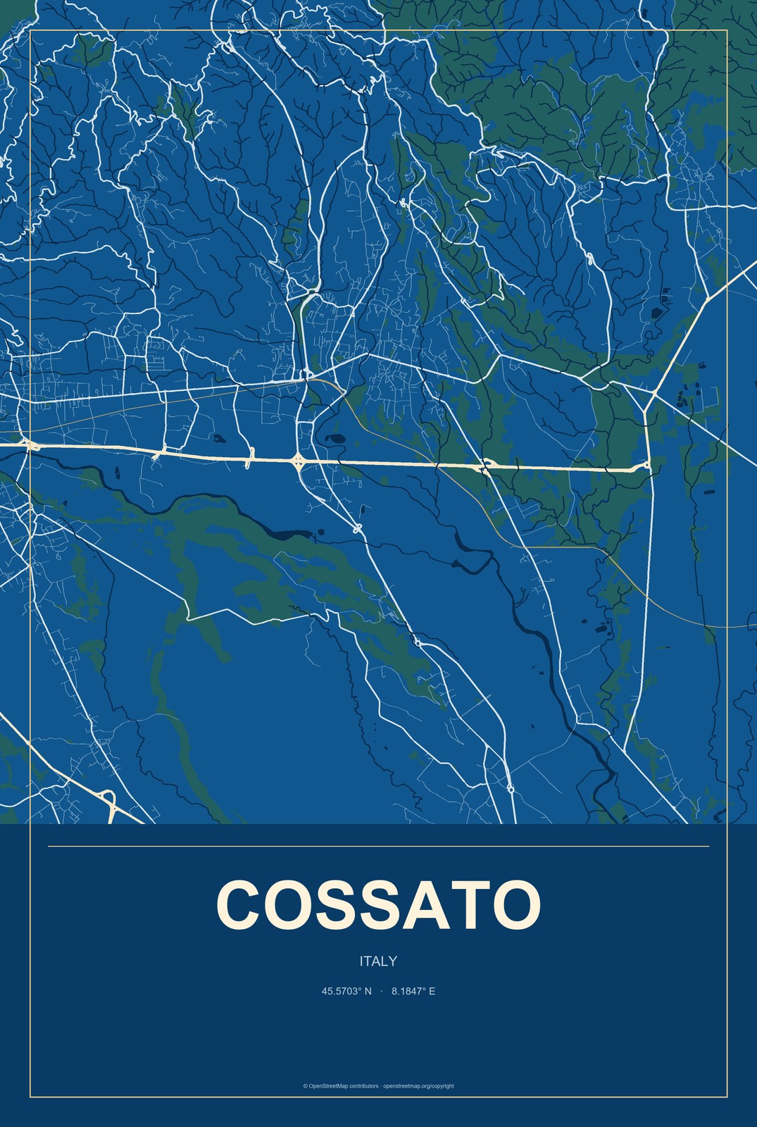 Cossato, Italy City Map Aluminum Sign in Harbor Cobalt style