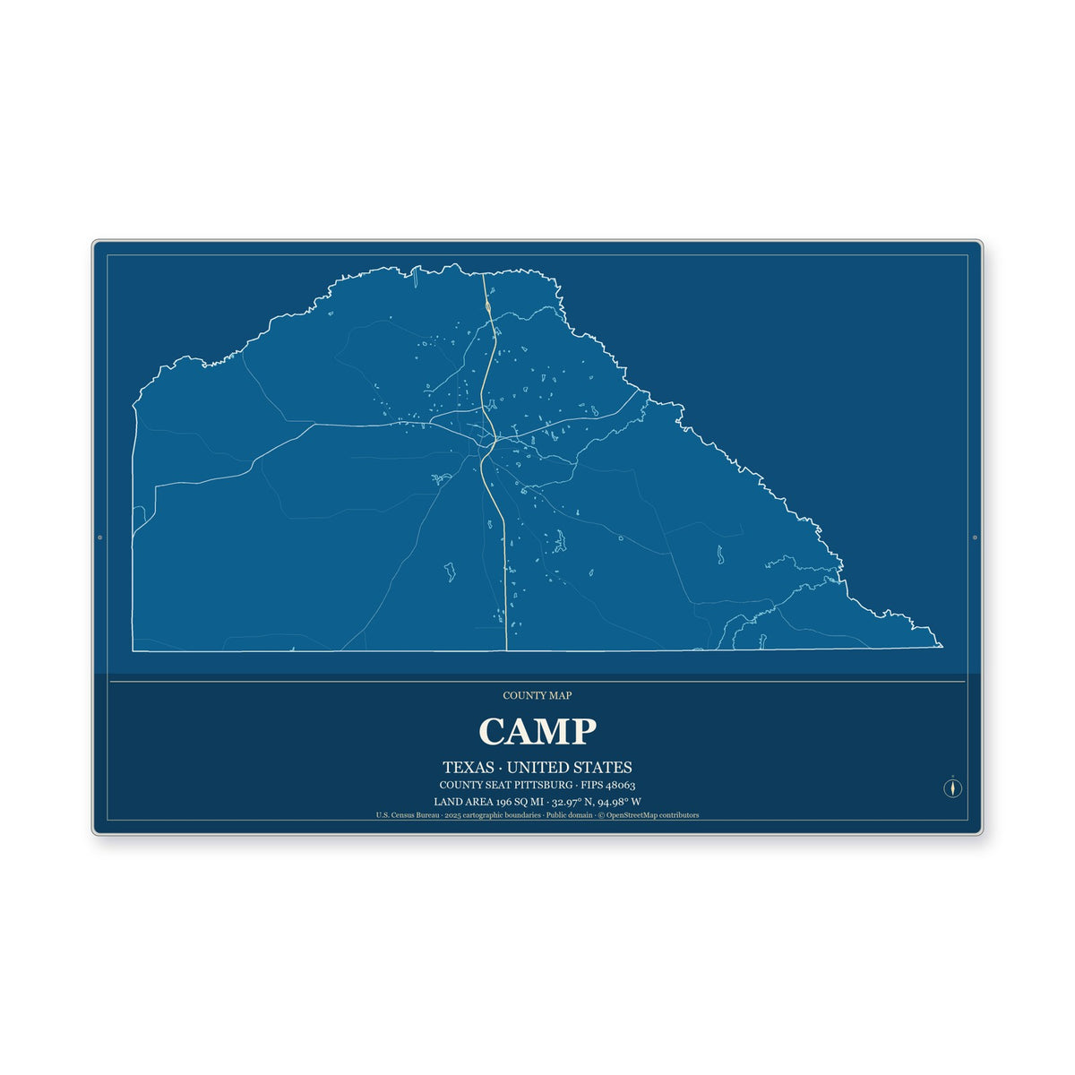 Camp County, Texas Map Aluminum Sign in Harbor Cobalt style