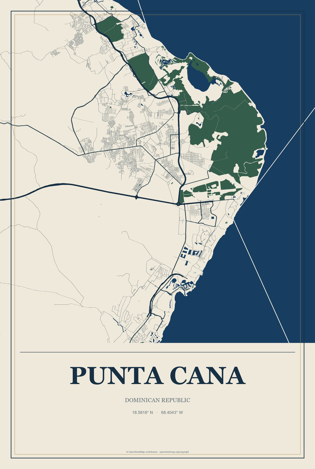 Punta Cana, Dominican Republic City Map Aluminum Sign in Coastal Cutout style