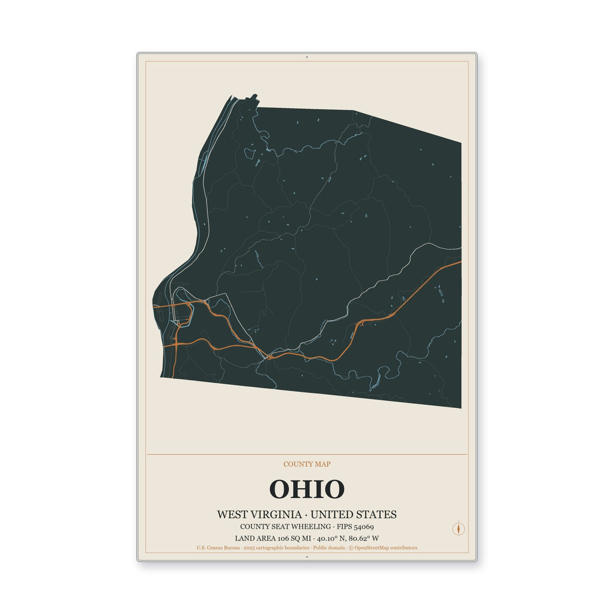 Ohio County, West Virginia Map Aluminum Sign in Headline Atlas style
