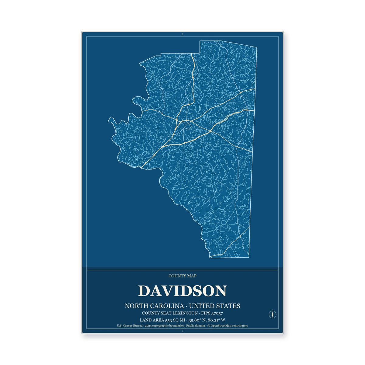 Davidson County, North Carolina Map Aluminum Sign in Harbor Cobalt style