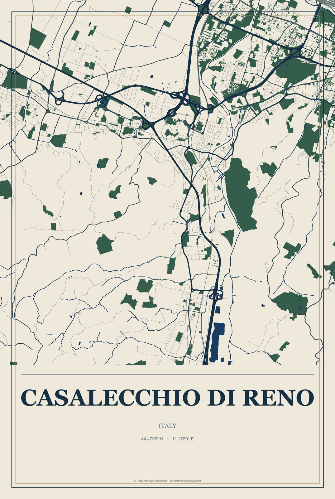Casalecchio di Reno, Italy City Map Aluminum Sign in Coastal Cutout style