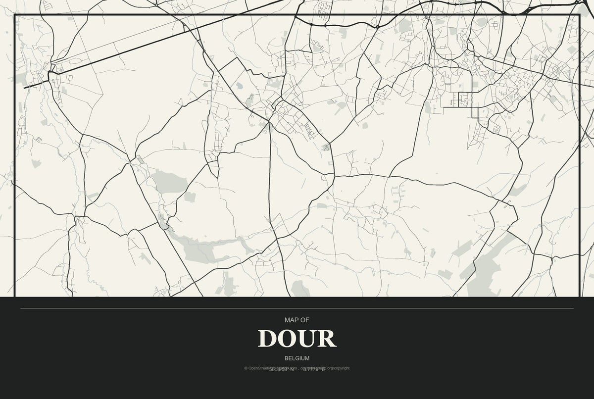 Dour, Belgium City Map Aluminum Sign in Museum Plaque style