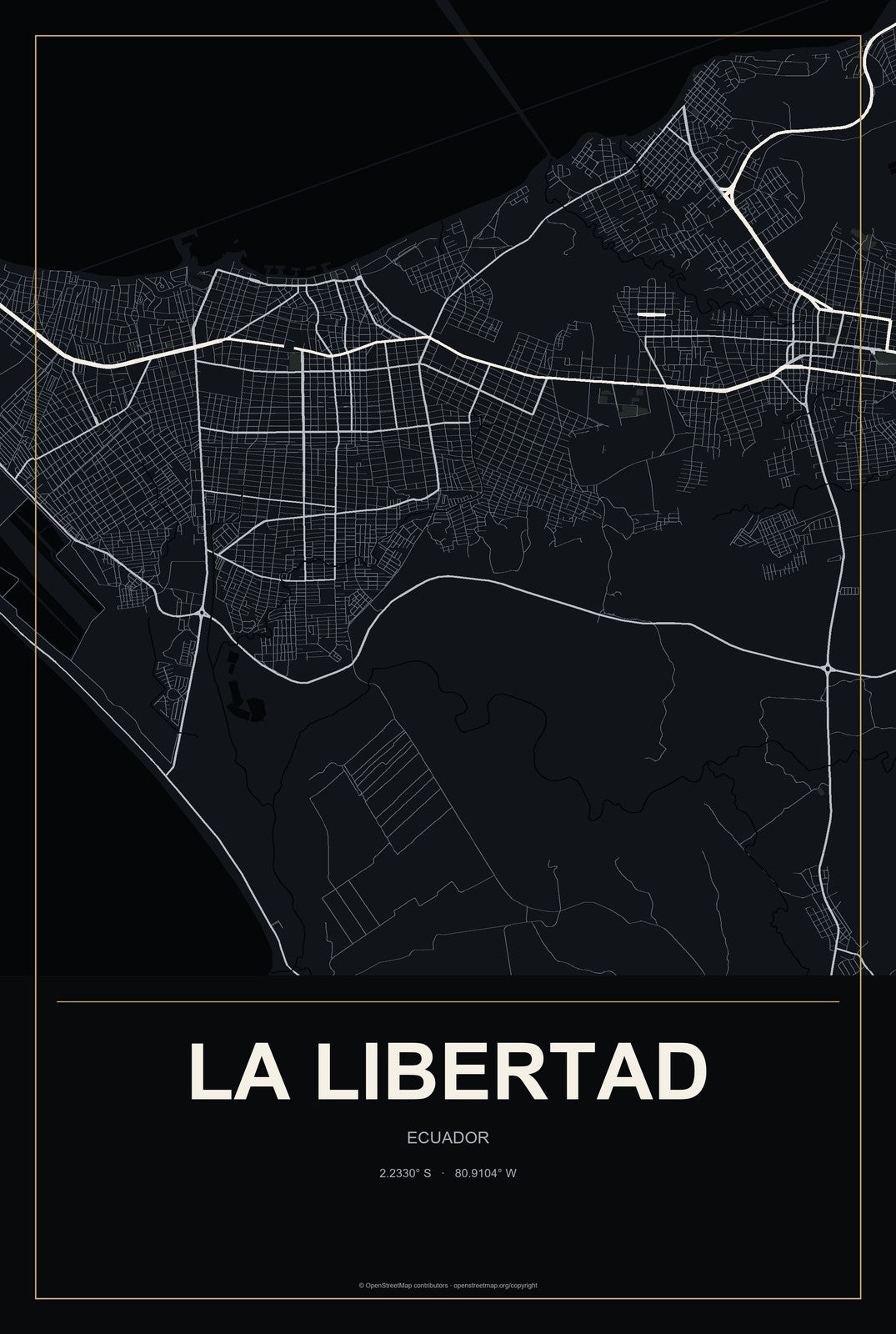 La Libertad, Ecuador City Map Aluminum Sign in Metropolitan Noir style