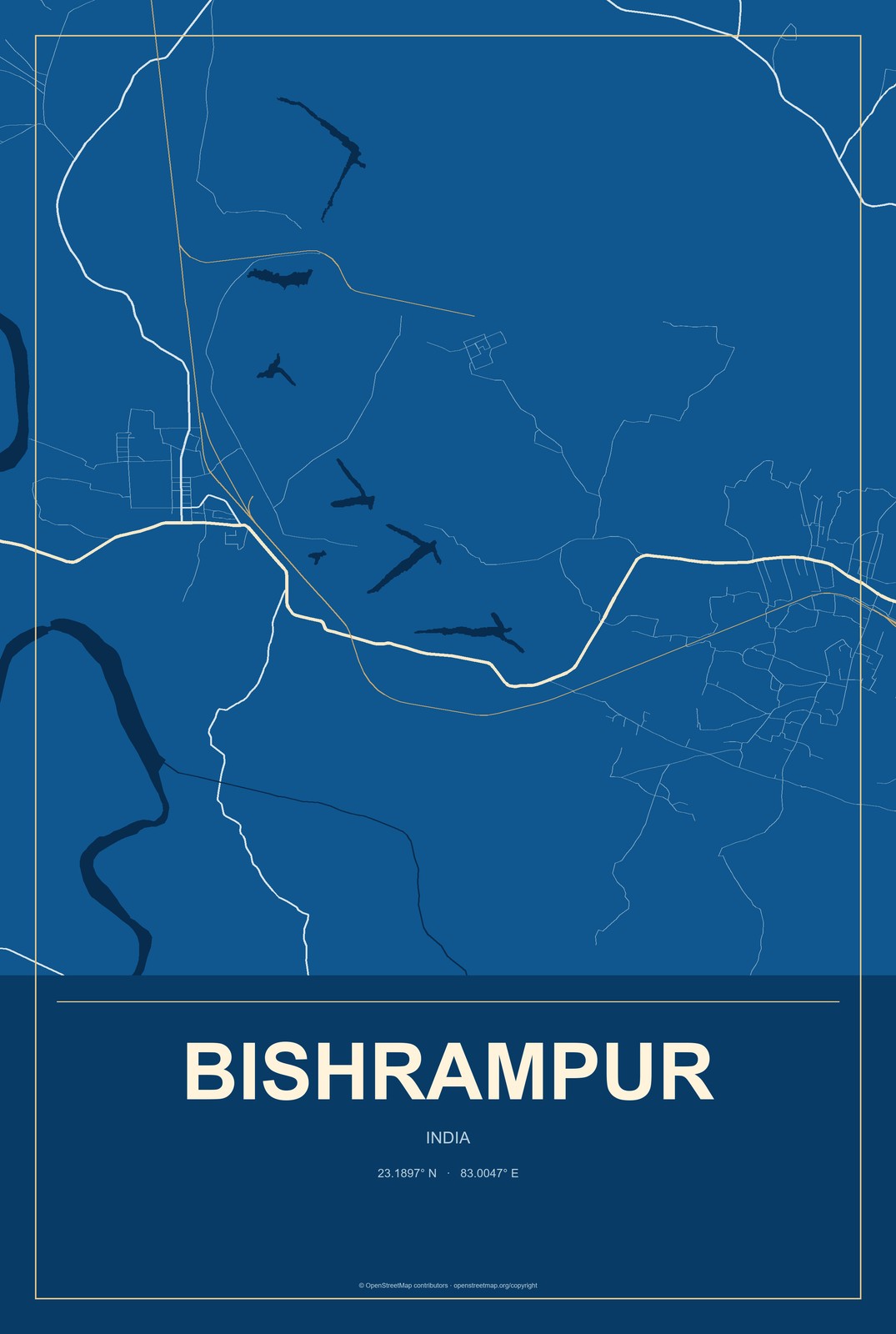 Bishrampur, India City Map Aluminum Sign in Harbor Cobalt style