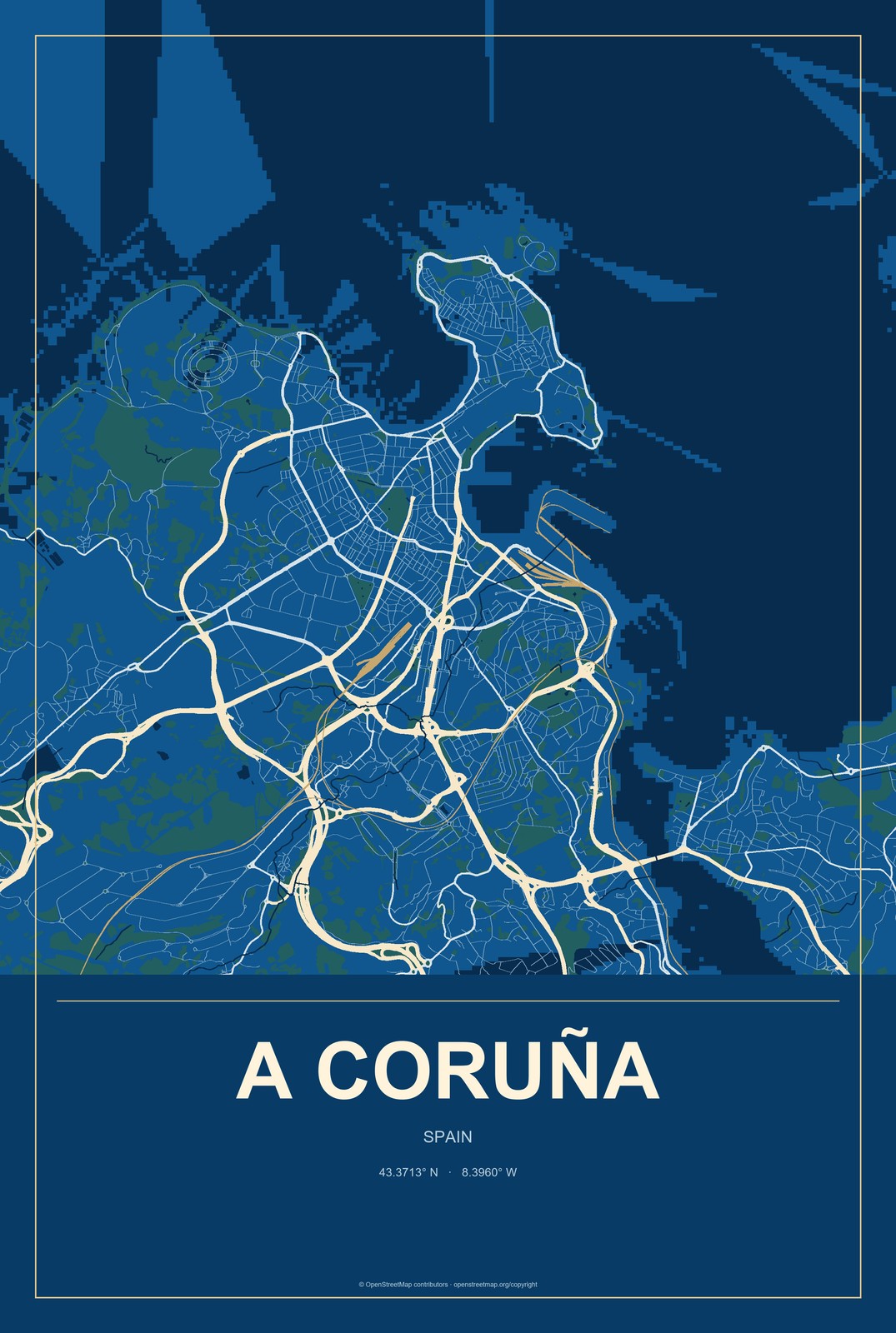 A Coruña, Spain City Map Aluminum Sign in Harbor Cobalt style