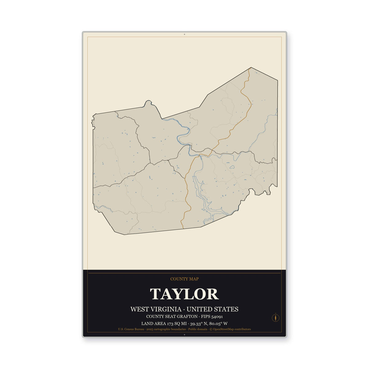 Taylor County, West Virginia Map Aluminum Sign in Museum Plaque style