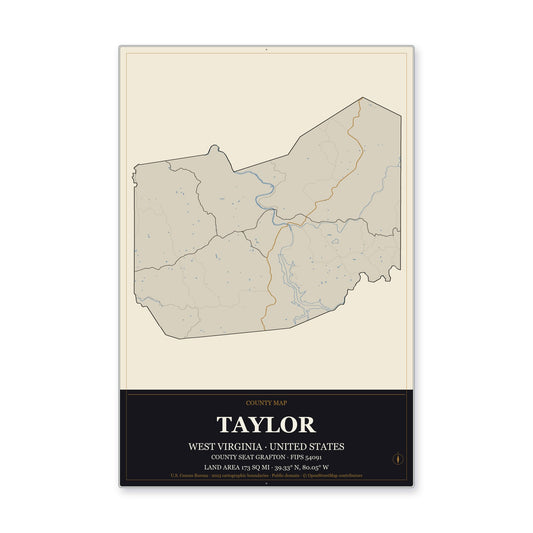 Taylor County, West Virginia Map Aluminum Sign in Museum Plaque style