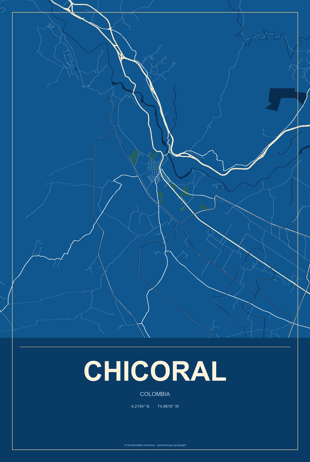 Chicoral, Colombia City Map Aluminum Sign in Harbor Cobalt style