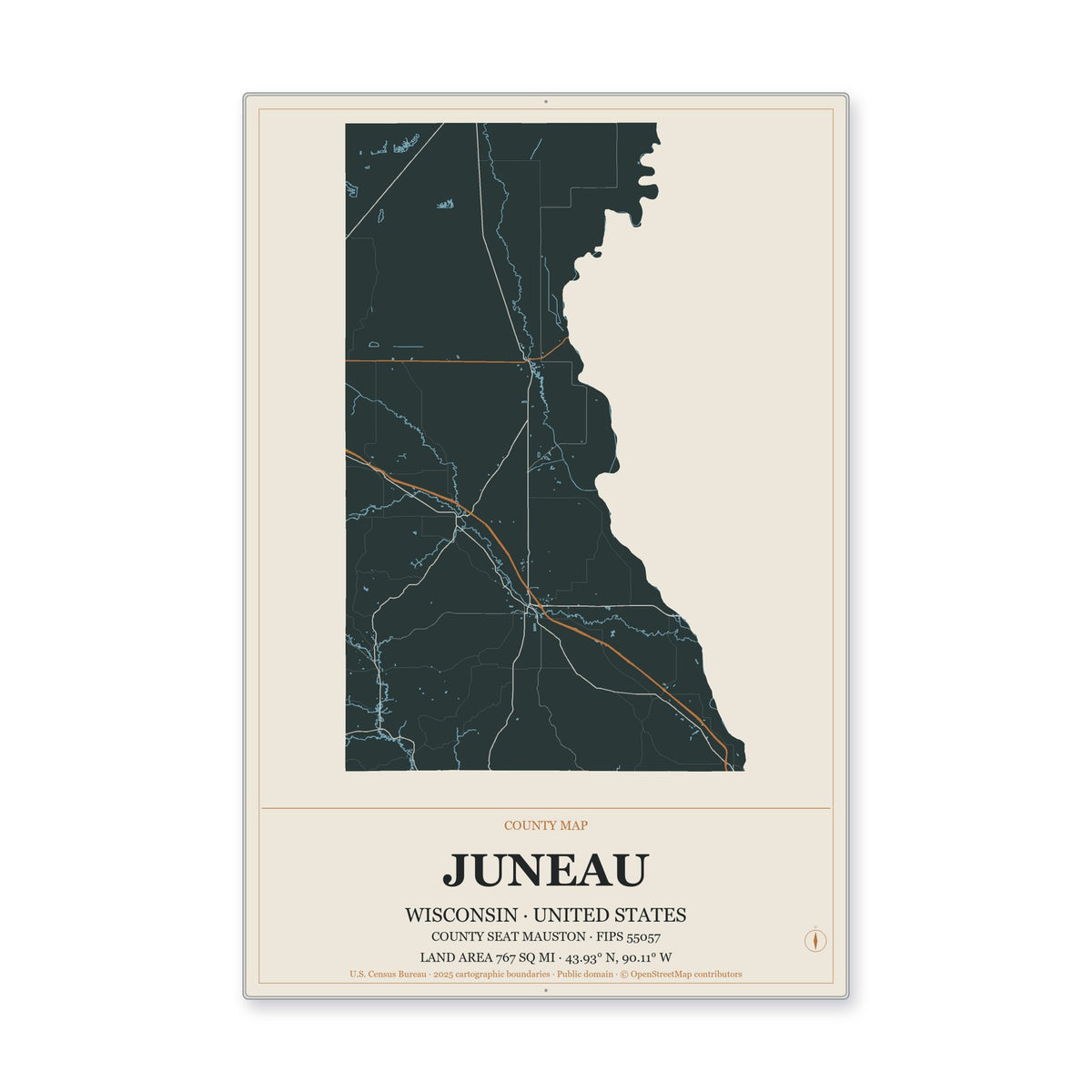 Juneau County, Wisconsin Map Aluminum Sign in Headline Atlas style