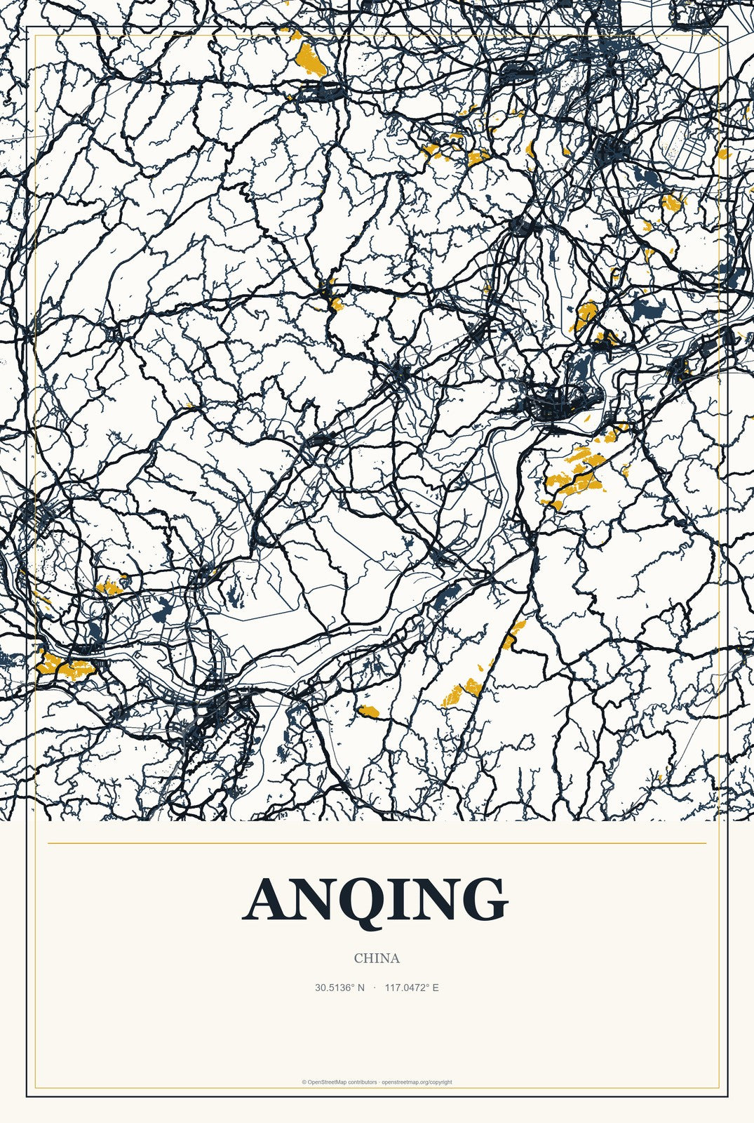 Anqing, China City Map Aluminum Sign in Citrine Modern style