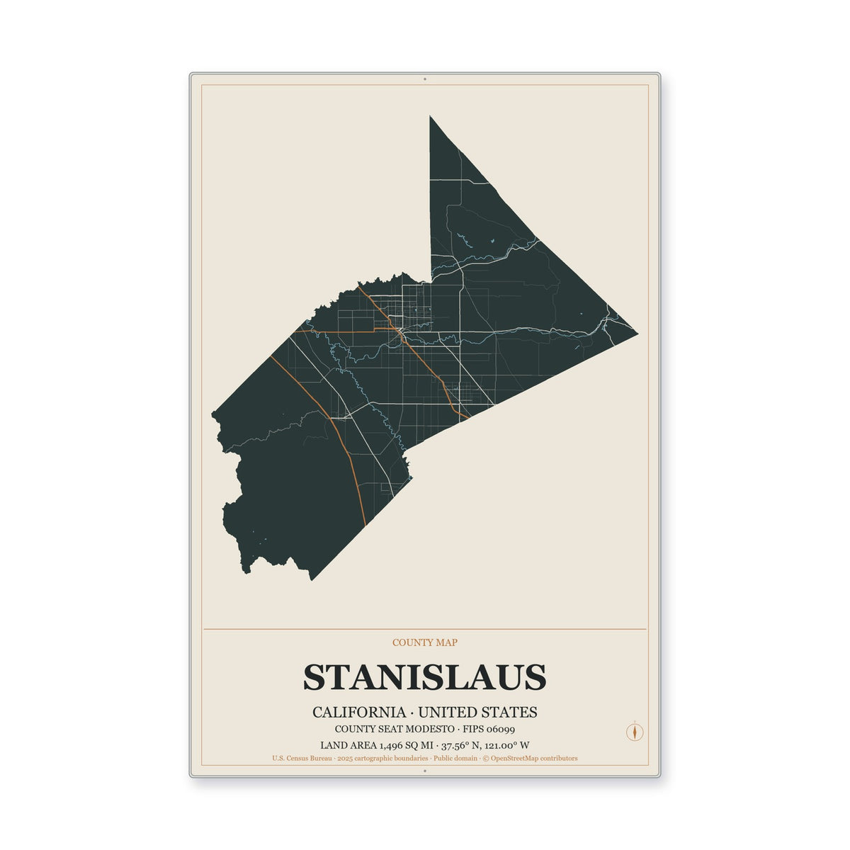 Stanislaus County, California Map Aluminum Sign in Headline Atlas style