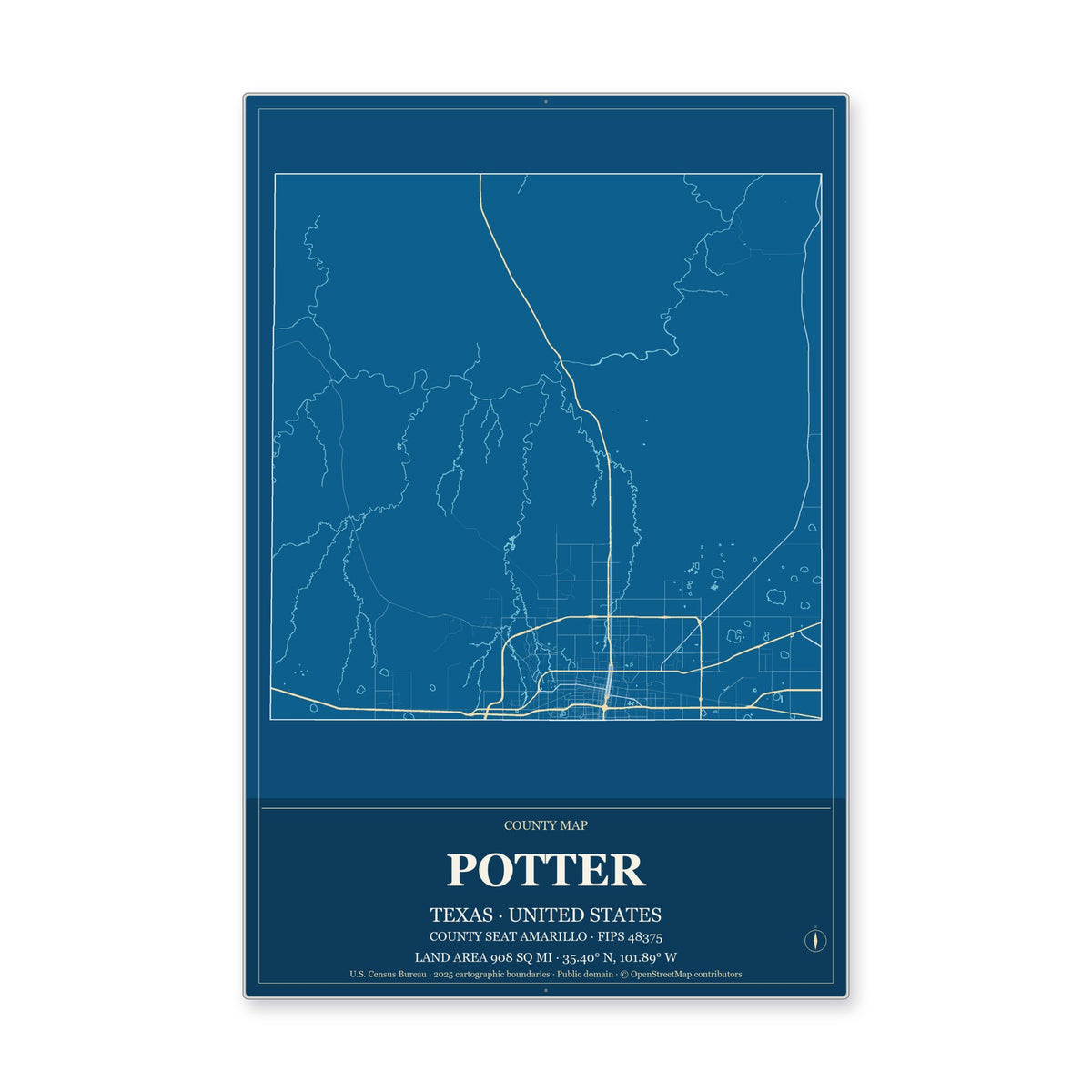 Potter County, Texas Map Aluminum Sign in Harbor Cobalt style