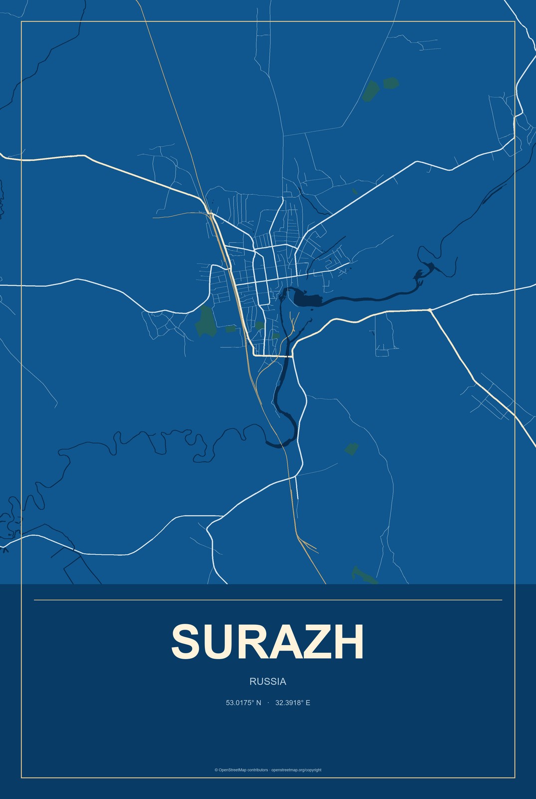 Surazh, Russia City Map Aluminum Sign in Harbor Cobalt style