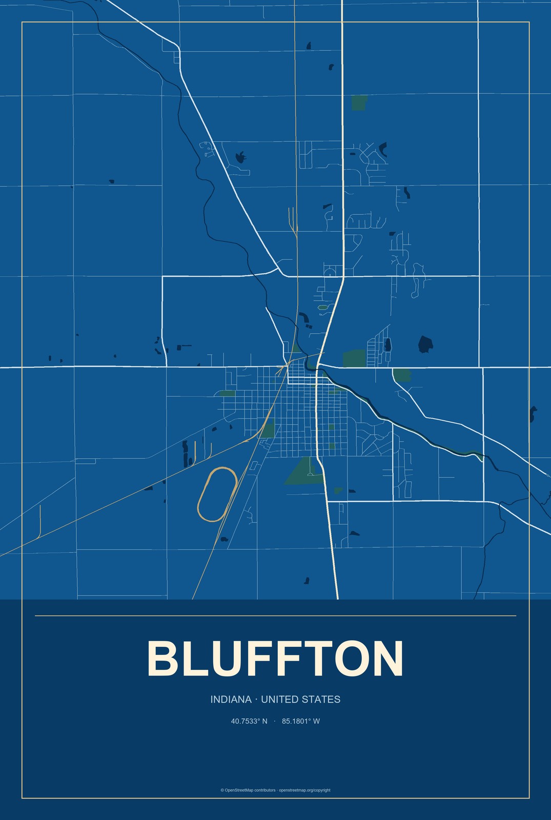 Bluffton, Indiana City Map Aluminum Sign in Harbor Cobalt style