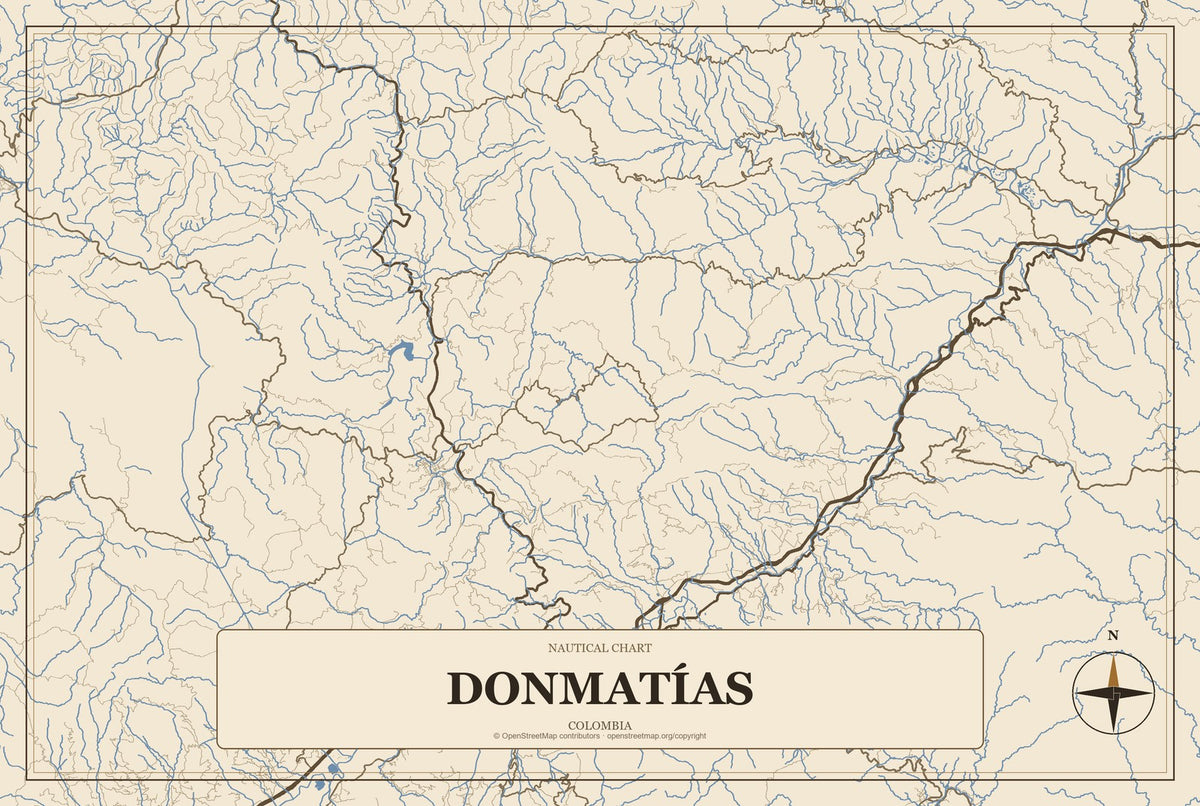 Donmatías, Colombia City Map Aluminum Sign in Heritage Nautical style