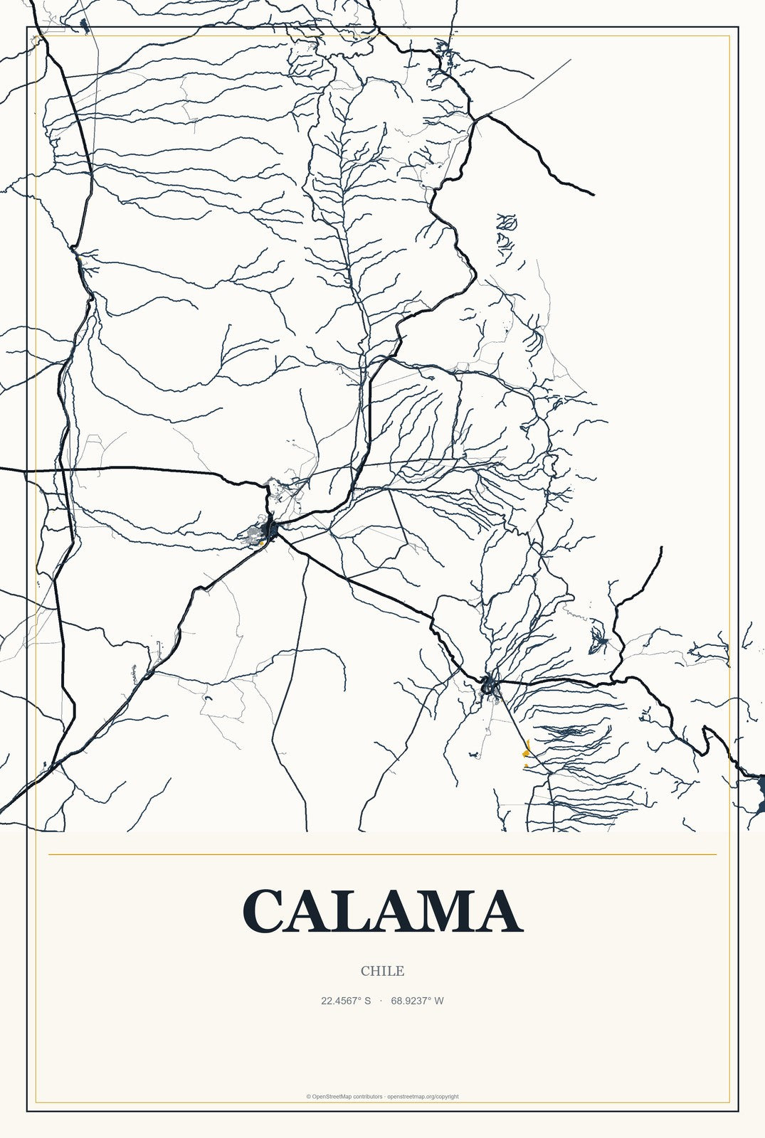 Calama, Chile City Map Aluminum Sign in Citrine Modern style