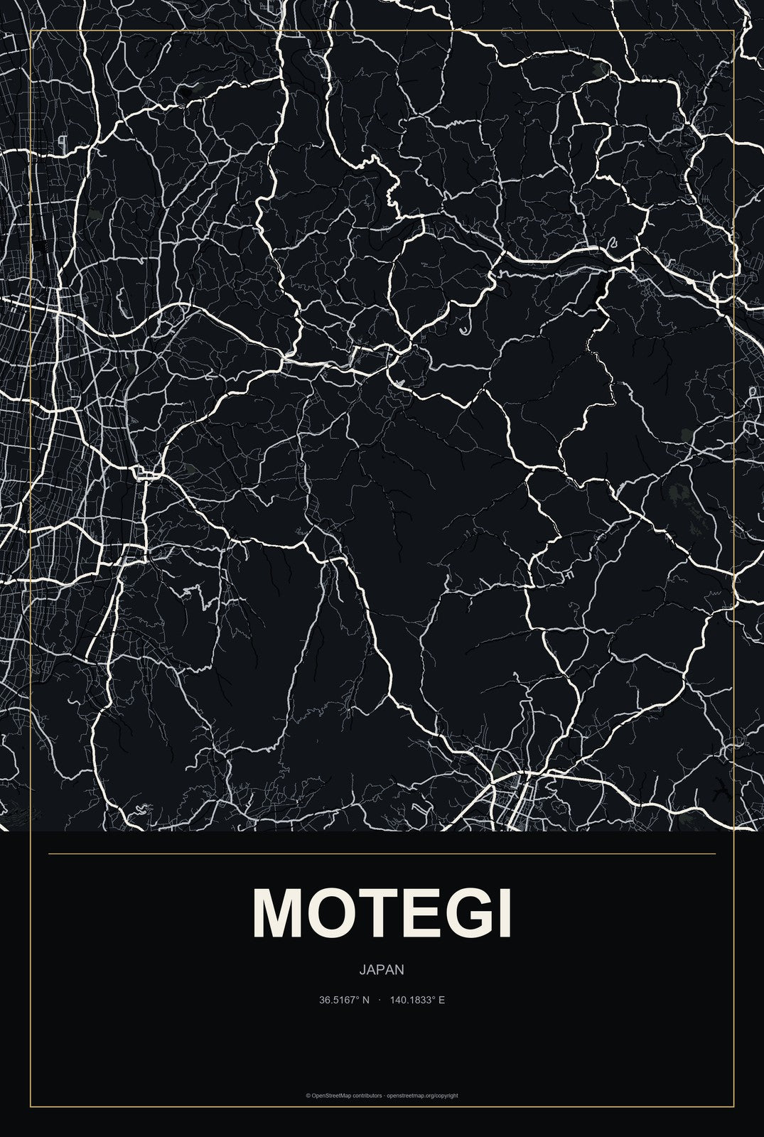 Motegi, Japan City Map Aluminum Sign in Metropolitan Noir style